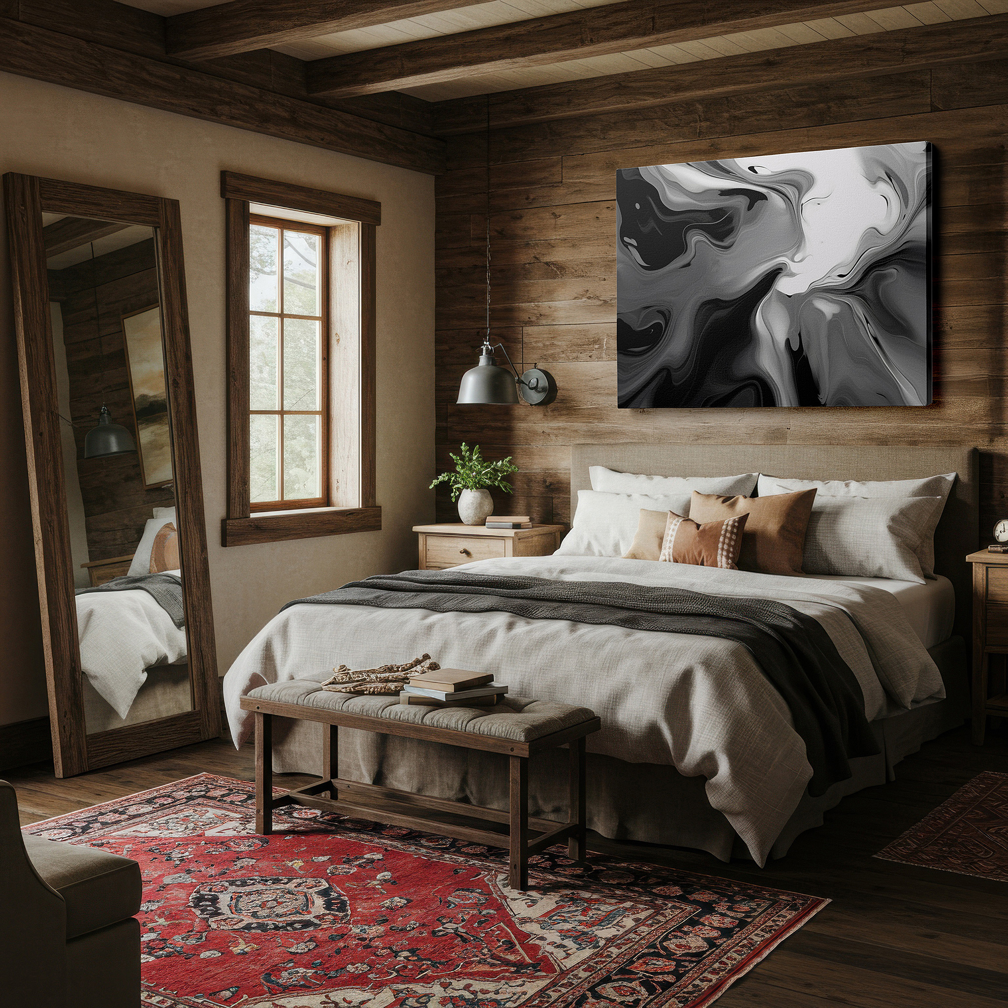 Mounted in a loft-style interior with exposed brick walls — abstract fluidity in black and white: a dance of shadows and light - large canvas wall art for office and bedroom decor