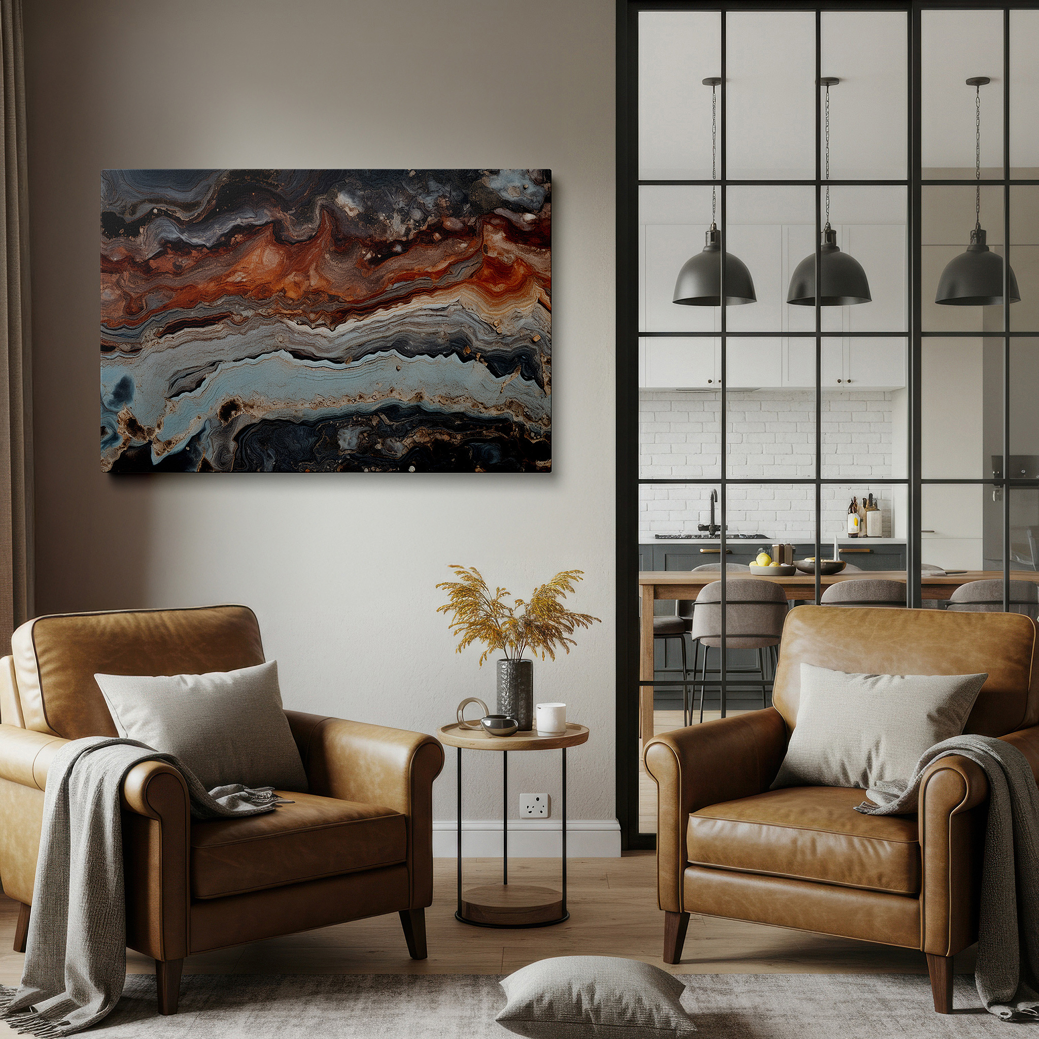 Mounted in a loft-style interior with exposed brick walls — abstract harmony in earthy tones and textured patterns: large canvas wall art for office, bedroom, and living room decor