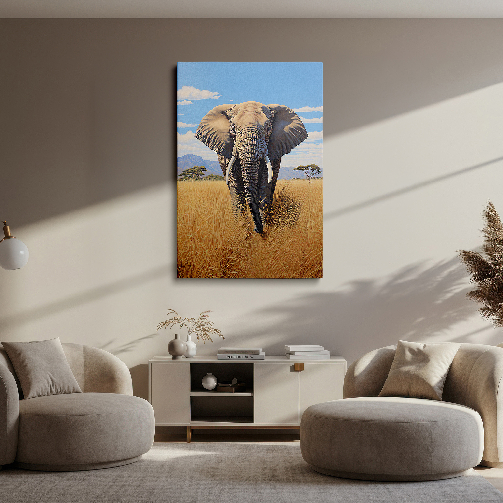 Mounted in a loft-style interior with exposed brick walls — african elephant in golden grass with blue sky large canvas wall art for office, bedroom, and living room decor