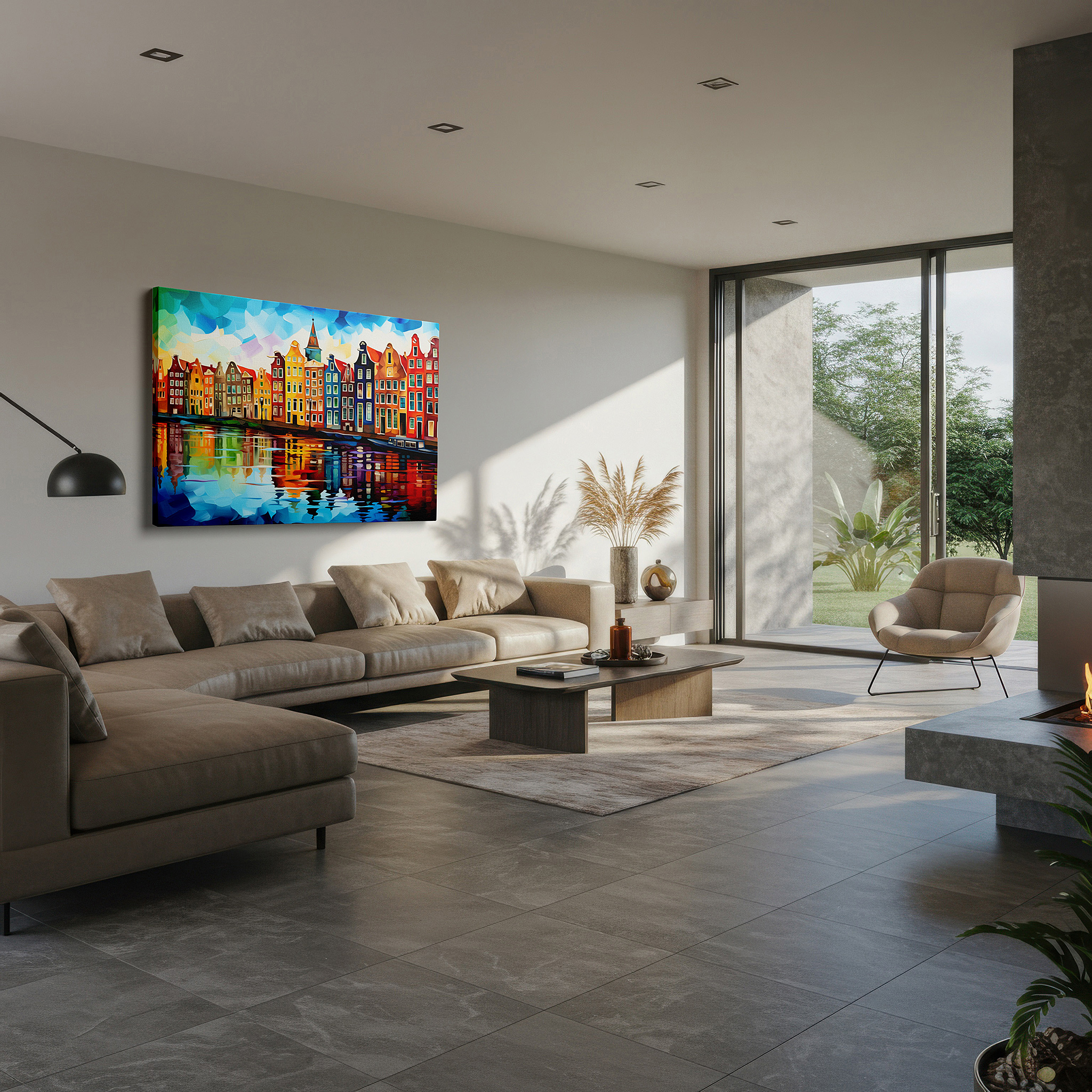 Mounted in a loft-style interior with exposed brick walls — amsterdam canal scene with vibrant dutch houses and reflective water - large canvas wall art for office and bedroom decor