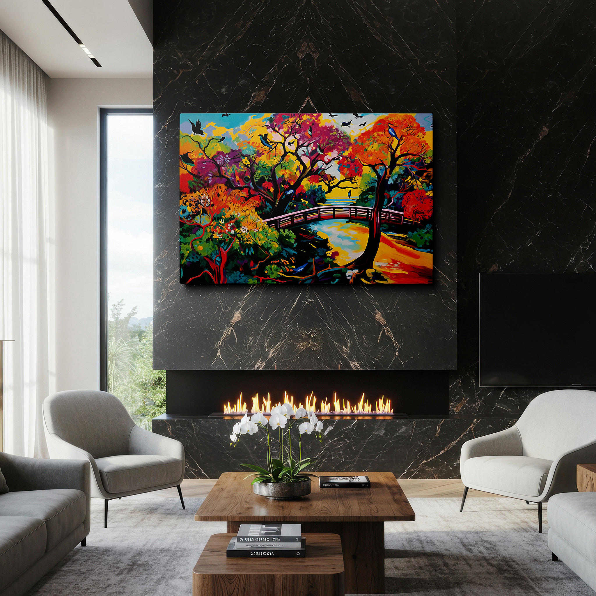 Mounted in a loft-style interior with exposed brick walls — autumn's gateway - a striking oil painting of rustic bridges and bright autumn leaves, large wall art, canvas wall art, wall decor for office and bedroom