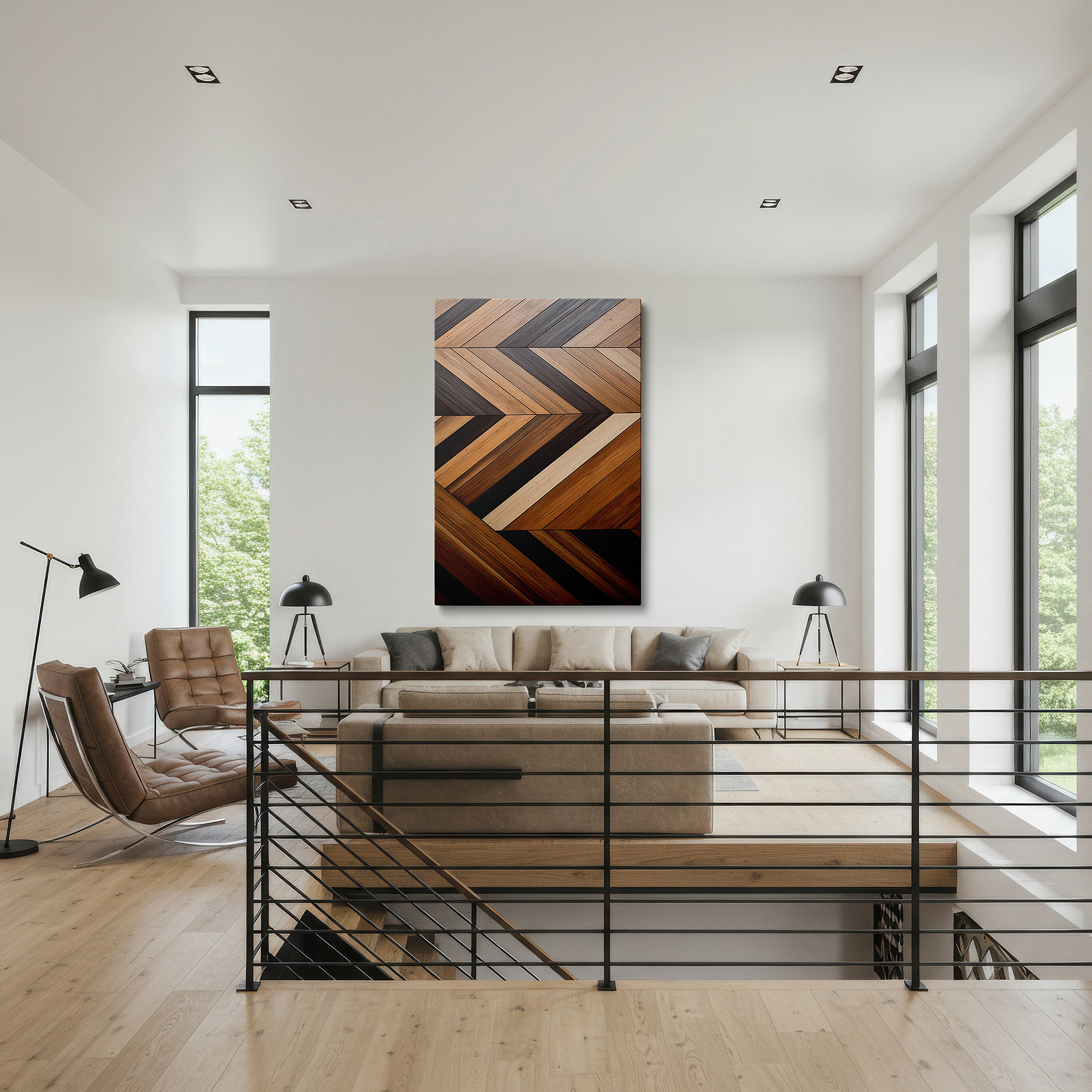 Mounted in a loft-style interior with exposed brick walls — chevron mastery in natural wood tones: a captivating blend of rich browns and creamy beiges - large wall art, canvas wall art, wall decor for office