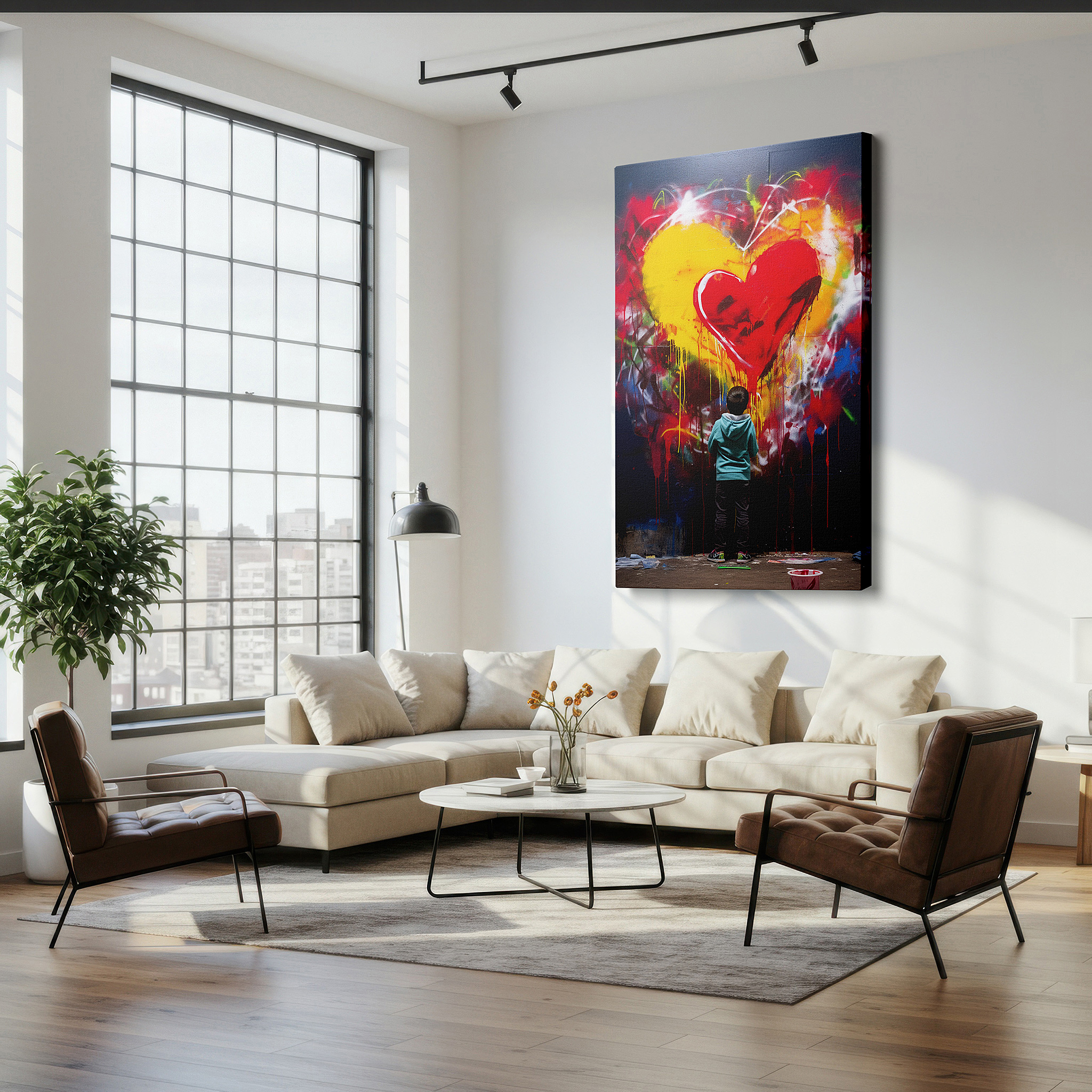 Mounted in a loft-style interior with exposed brick walls — child's delight in creating a colorful heart on a large urban canvas, wall art for bedrooms, offices, and more
