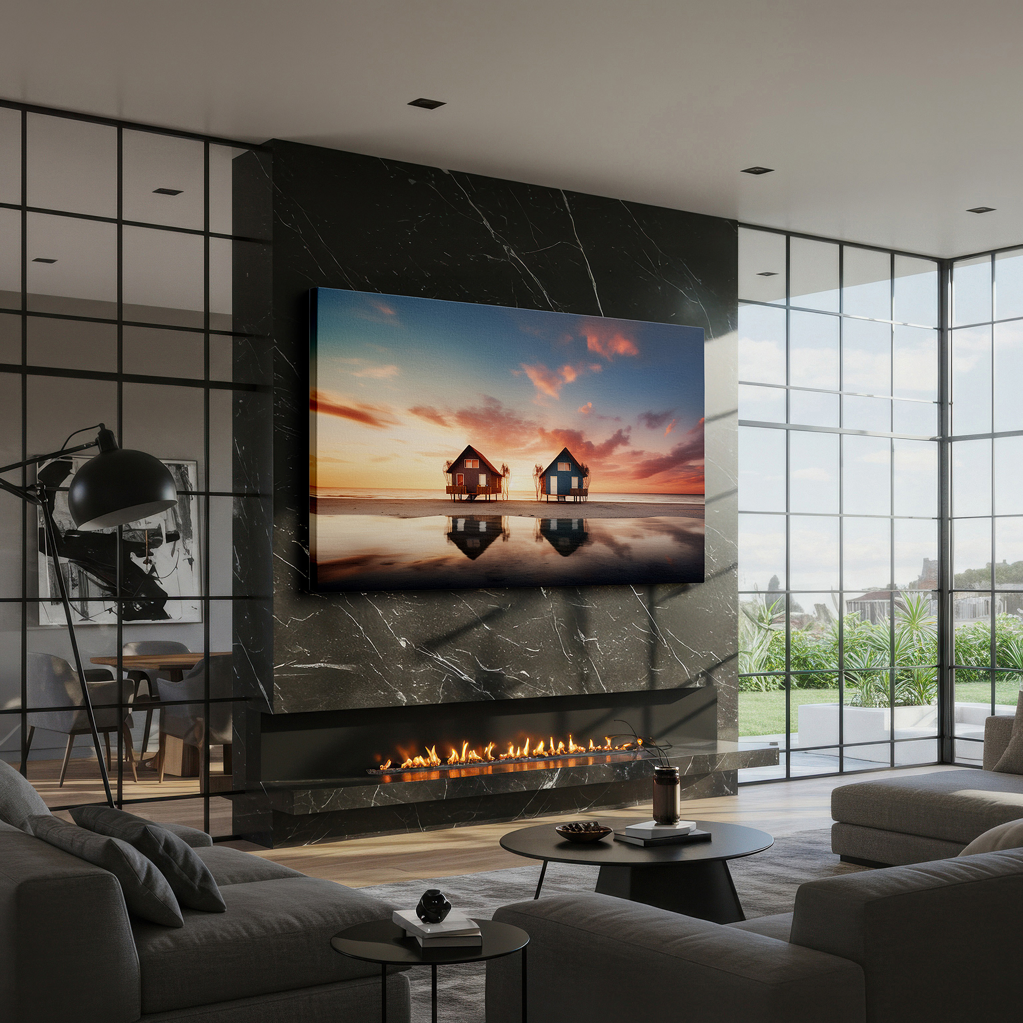 Mounted in a loft-style interior with exposed brick walls — coastal serenity: seaside cabin sunset large wall art, canvas decor for office, bedroom, and living room