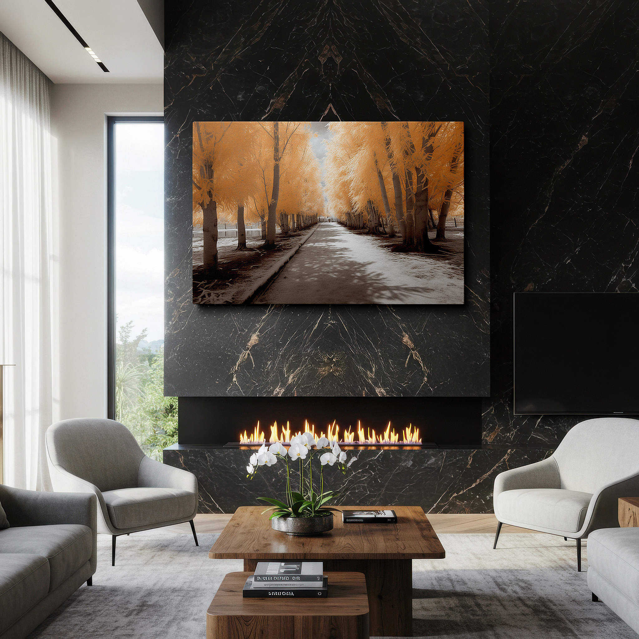 Mounted in a loft-style interior with exposed brick walls — dreamlike pathway under majestic trees at sunset large wall art, canvas wall art, wall decor for office and bedroom