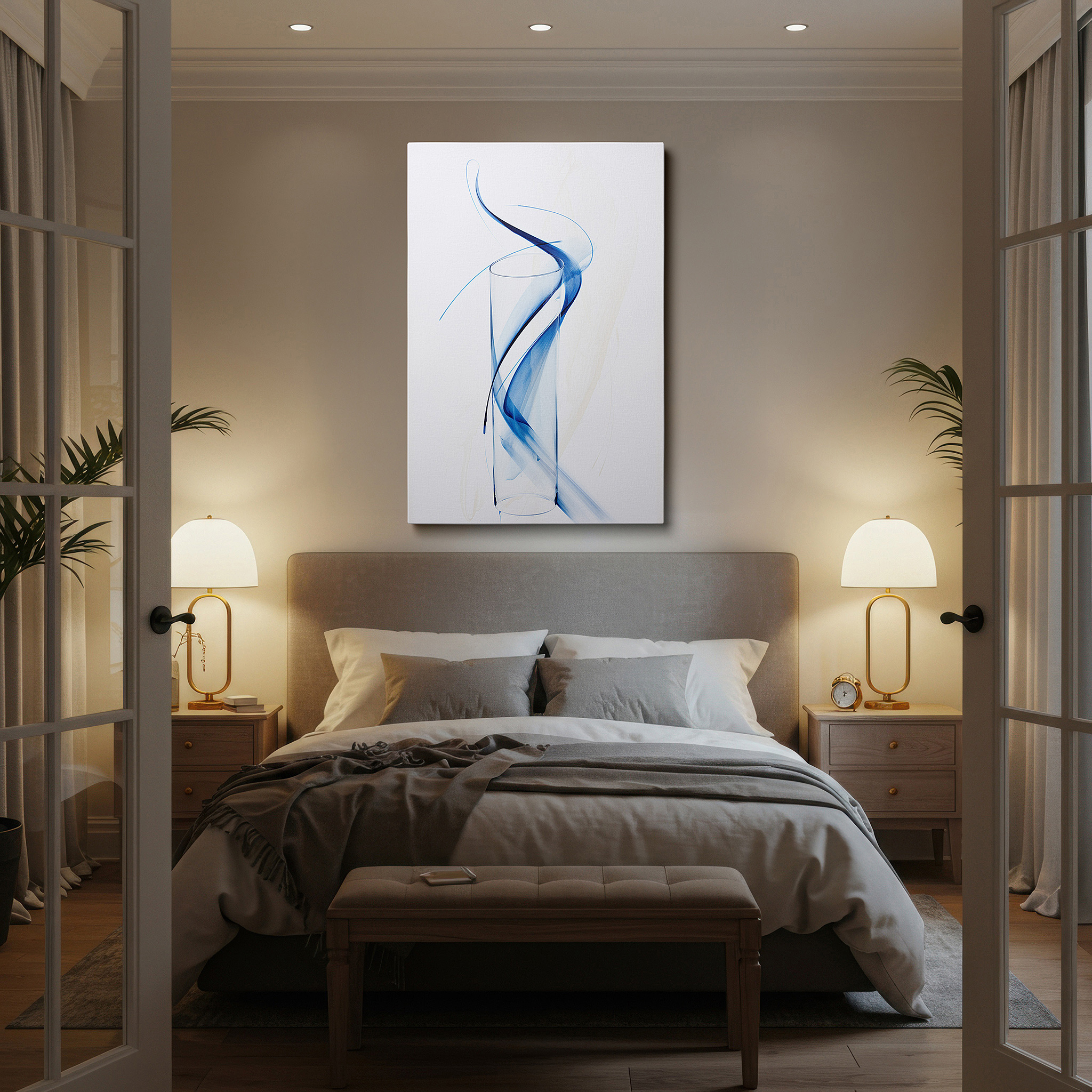 Mounted in a loft-style interior with exposed brick walls — dynamic blue strokes and transparent vessel: a symphony of motion and stillness - large wall art, canvas wall art, wall decor for office and bedroom