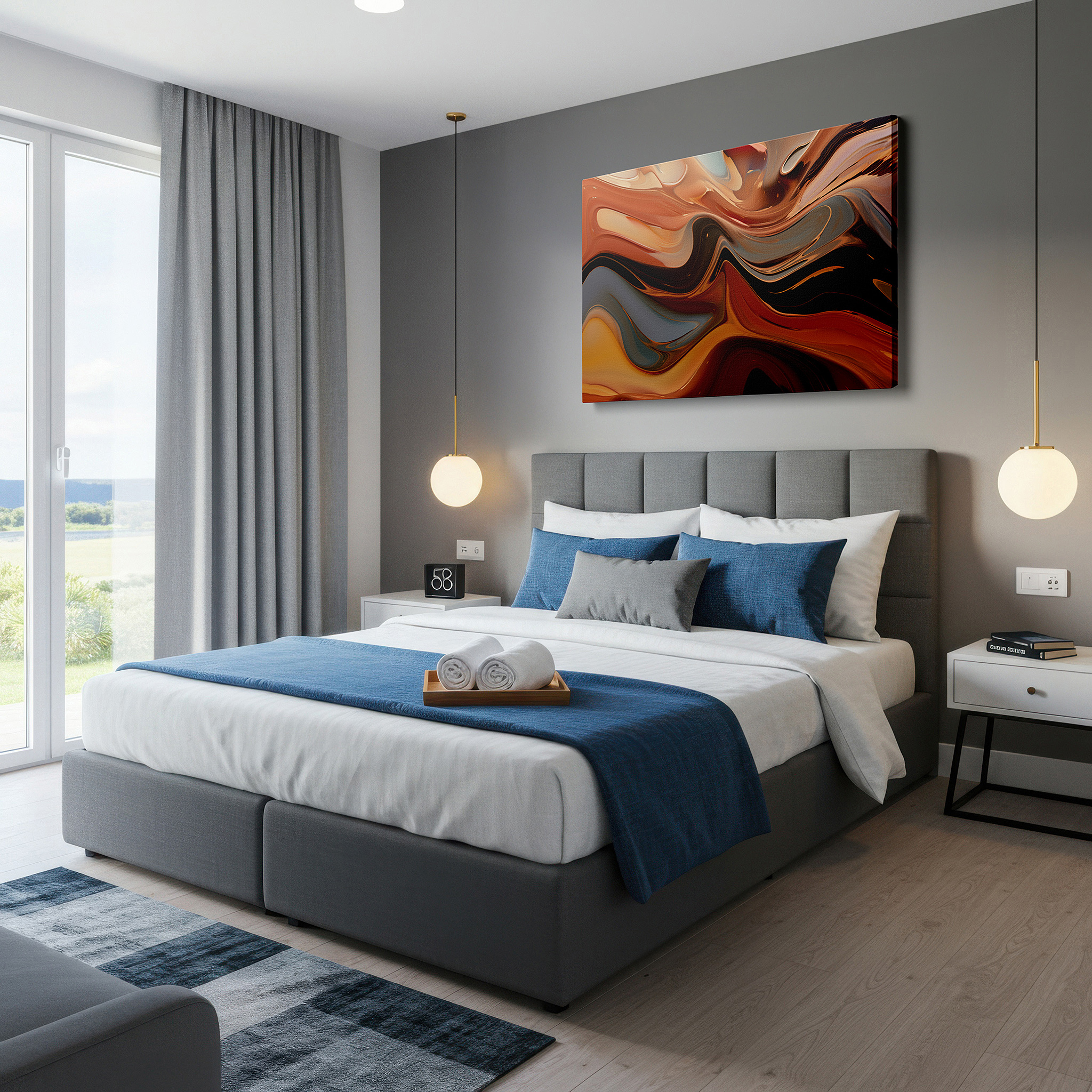 Mounted in a loft-style interior with exposed brick walls — dynamic waves and earthy tones embody movement in this abstract masterpiece: large wall art, canvas wall art, wall decor for offices