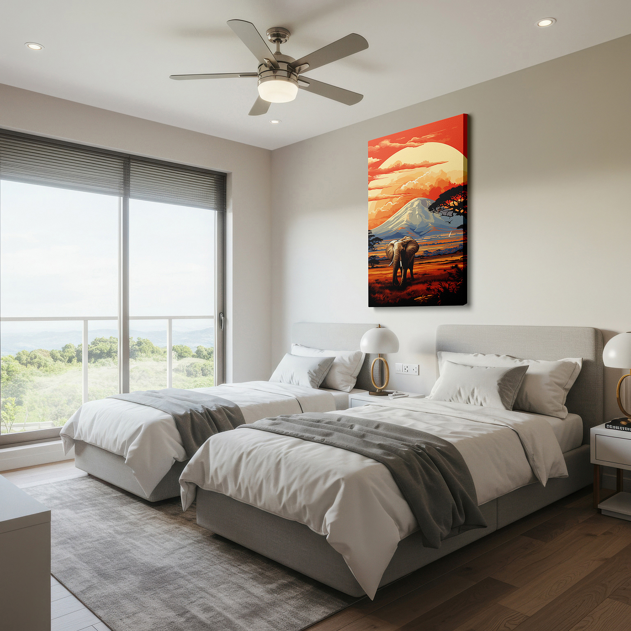 Mounted in a loft-style interior with exposed brick walls — elephant silhouette at sunset in africa large canvas wall art for home and office decor