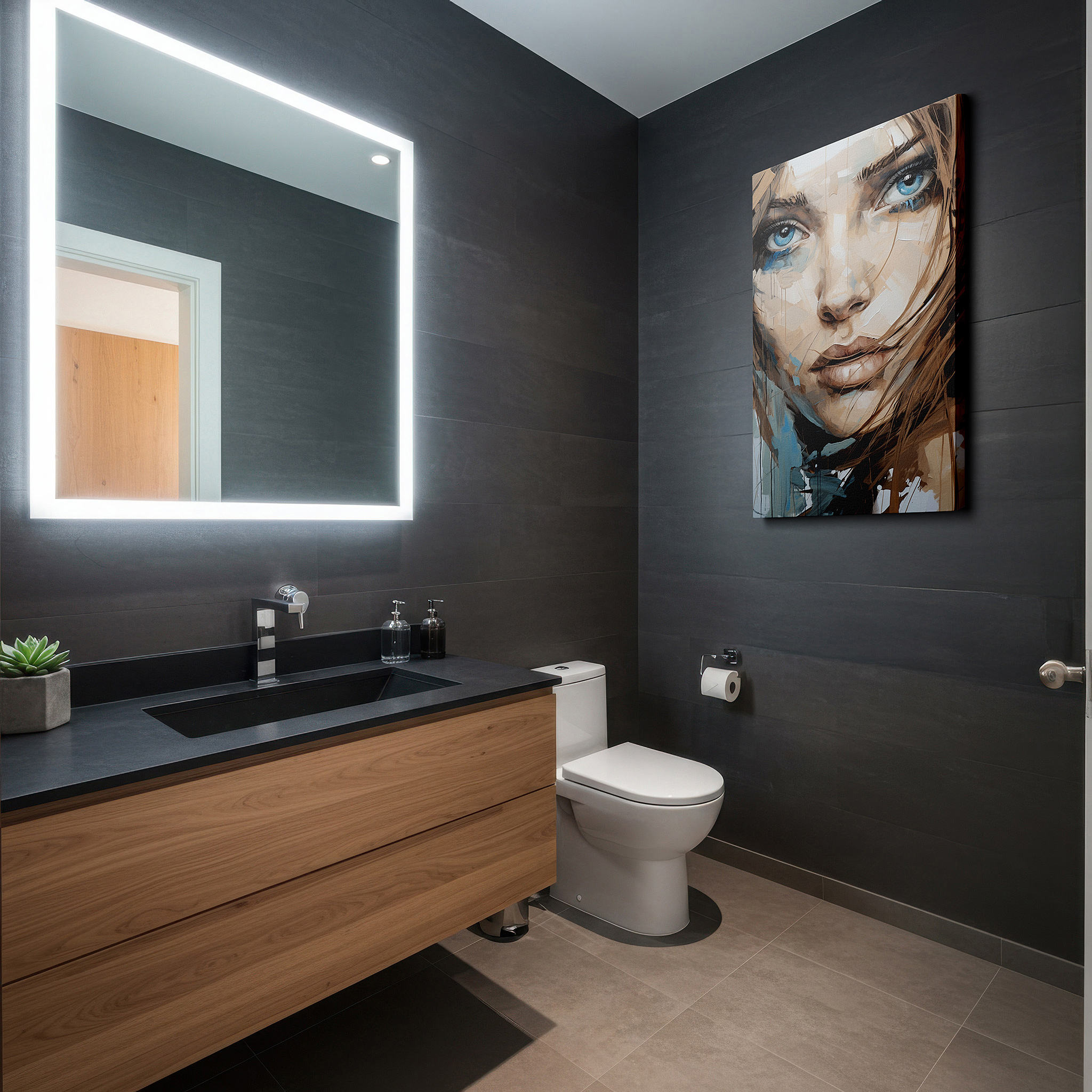 Mounted in a loft-style interior with exposed brick walls — enchanting woman's portrait with rich emotions and textured brushstrokes, large canvas wall art for home and office decor