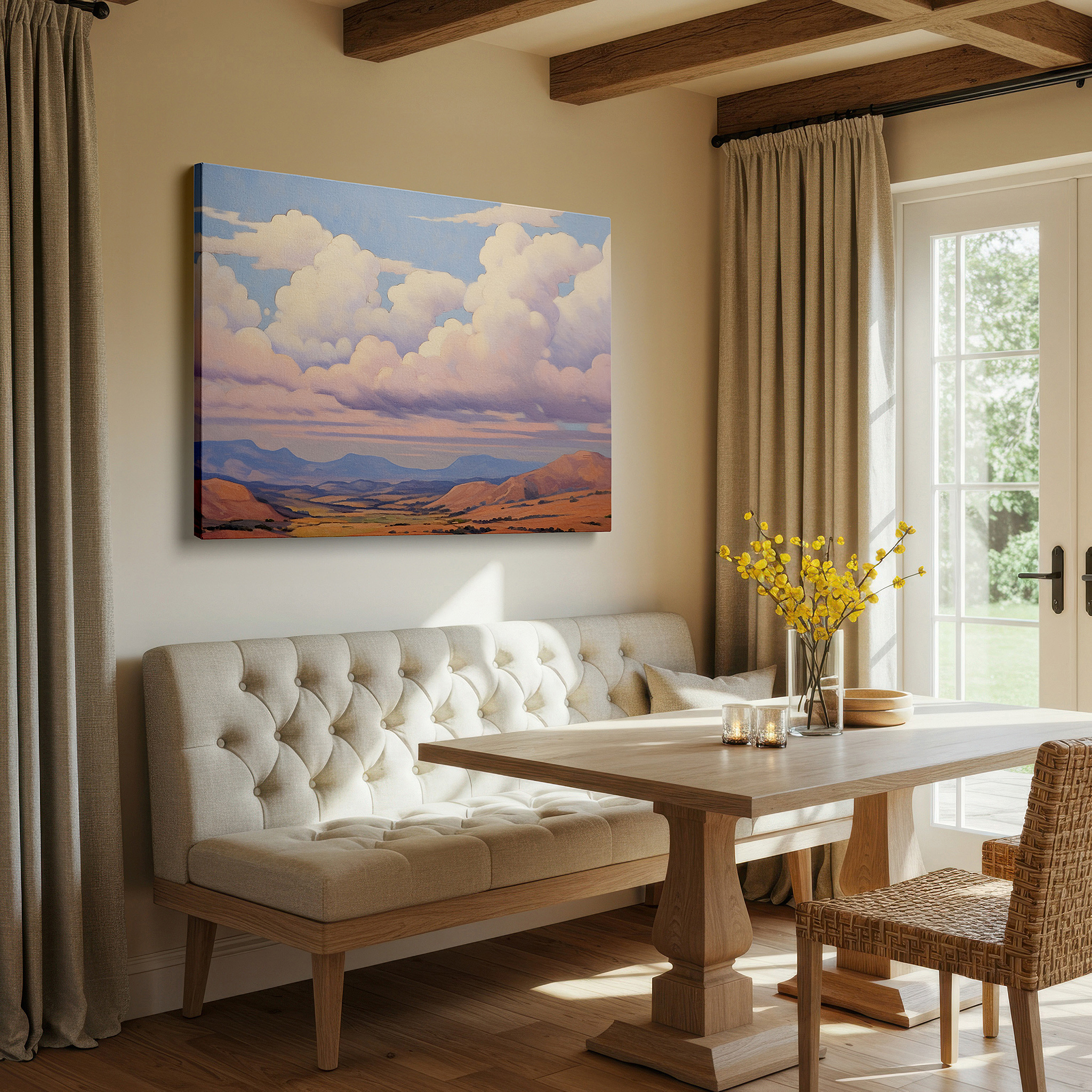 Mounted in a loft-style interior with exposed brick walls — ethereal clouds and gentle mountains tranquil landscape large wall art, canvas wall art, wall art decor for office, bedroom, and living spaces