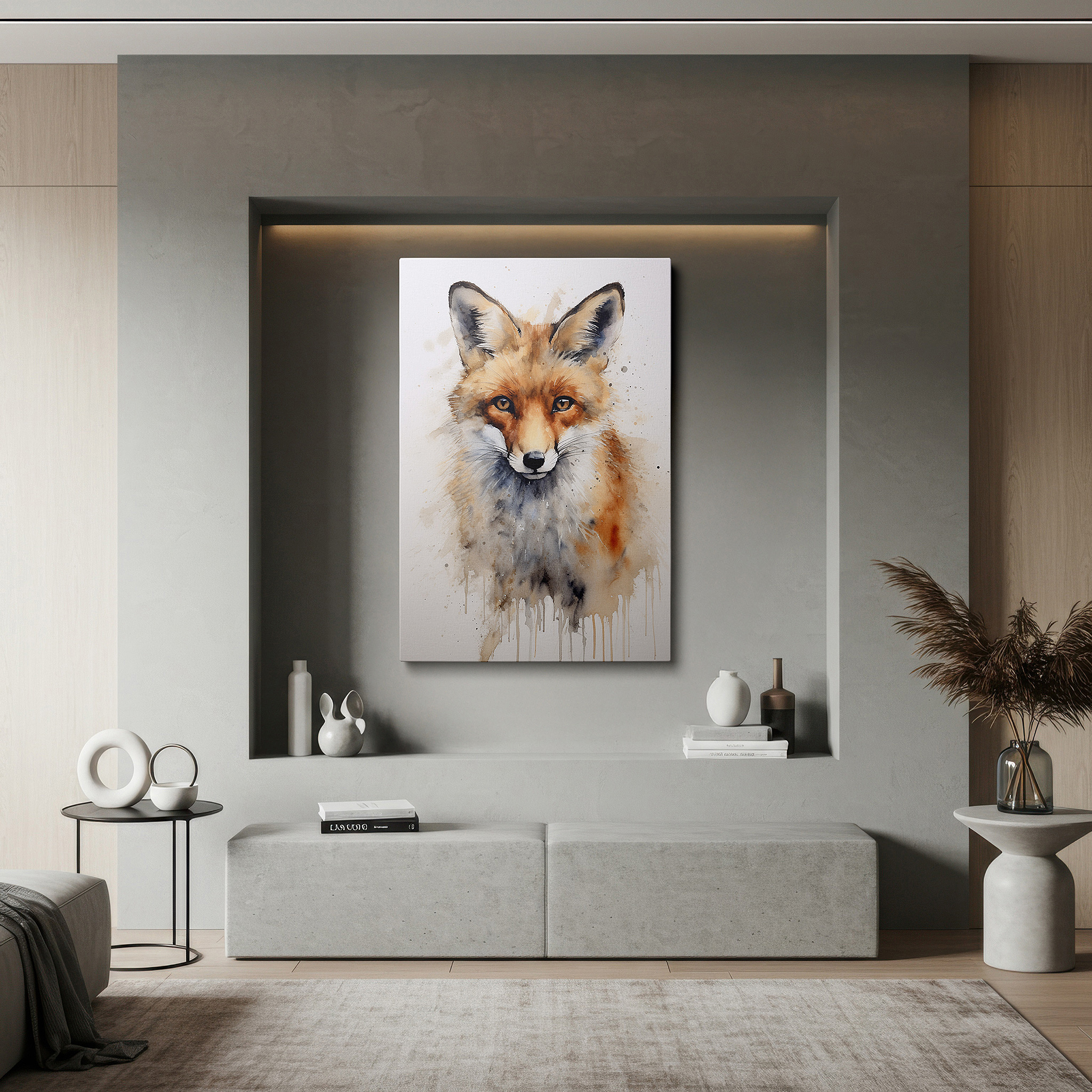 Mounted in a loft-style interior with exposed brick walls — fiery-hued majestic fox: a vivid watercolor masterpiece with an engaging gaze, large wall art, canvas wall art, wall art decor, office wall art
