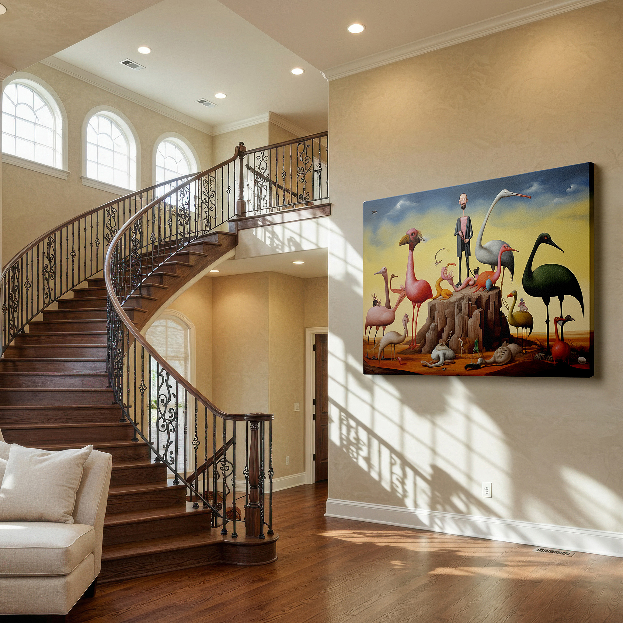 Mounted in a loft-style interior with exposed brick walls — flamingos in a surreal dreamscape: ethereal light and psyche visual narrative, large canvas wall art for home and office decor