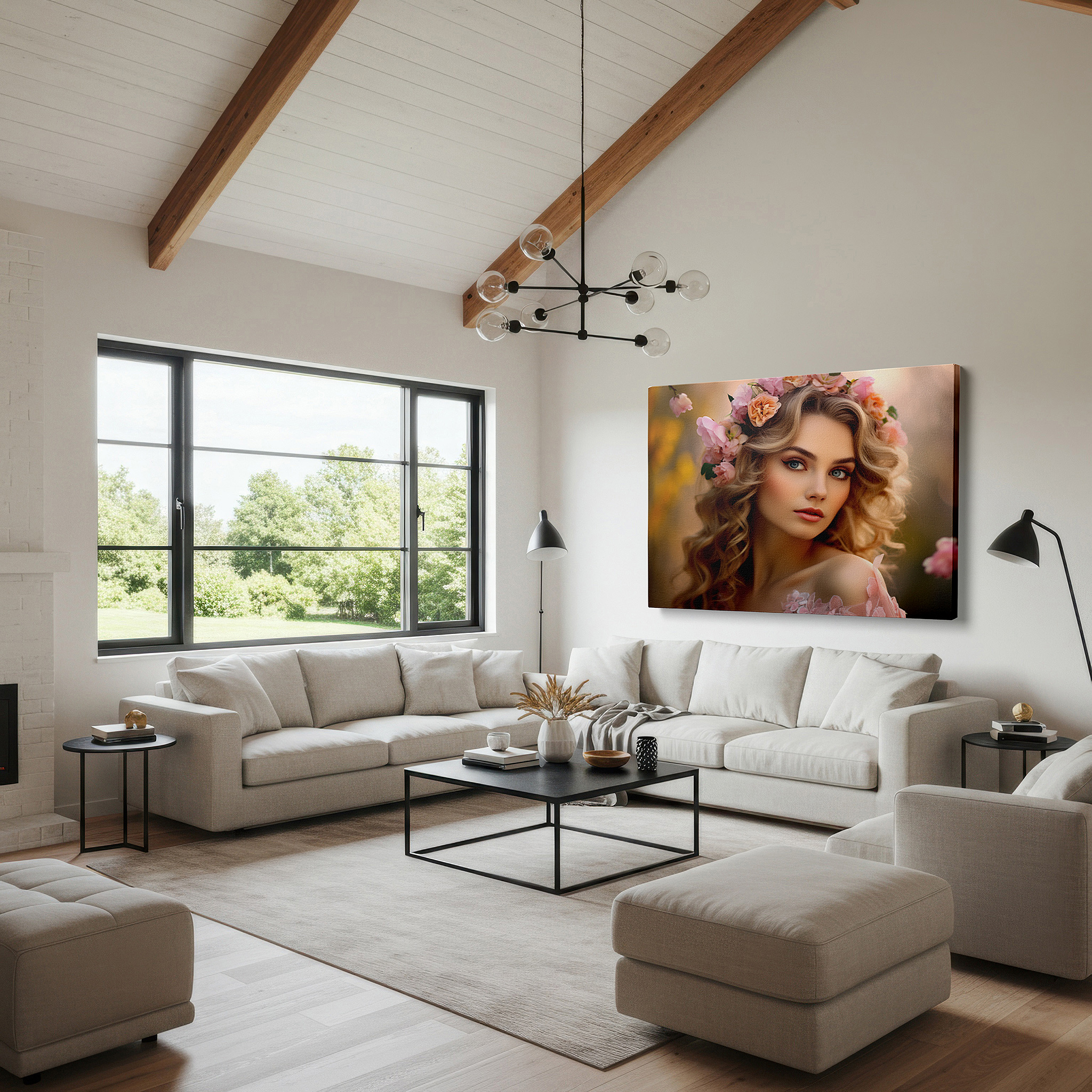 Mounted in a loft-style interior with exposed brick walls — floral crown portrait: timeless elegance and natural beauty - large canvas wall art for bedrooms and offices