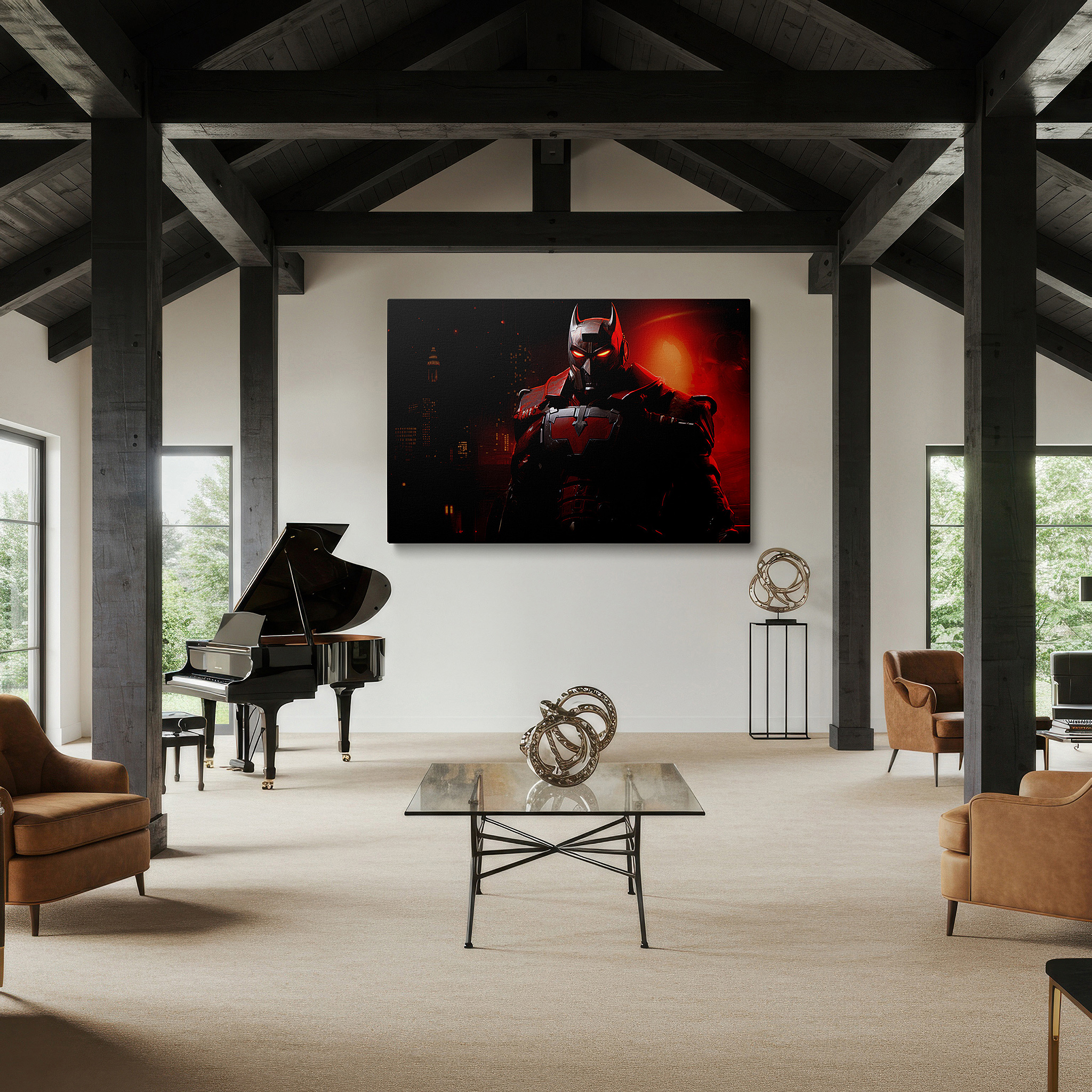 Mounted in a loft-style interior with exposed brick walls — futuristic robotic hero in urban shadows: a symbol of resilience and technological wonder - large wall art, canvas wall art, wall decor for office