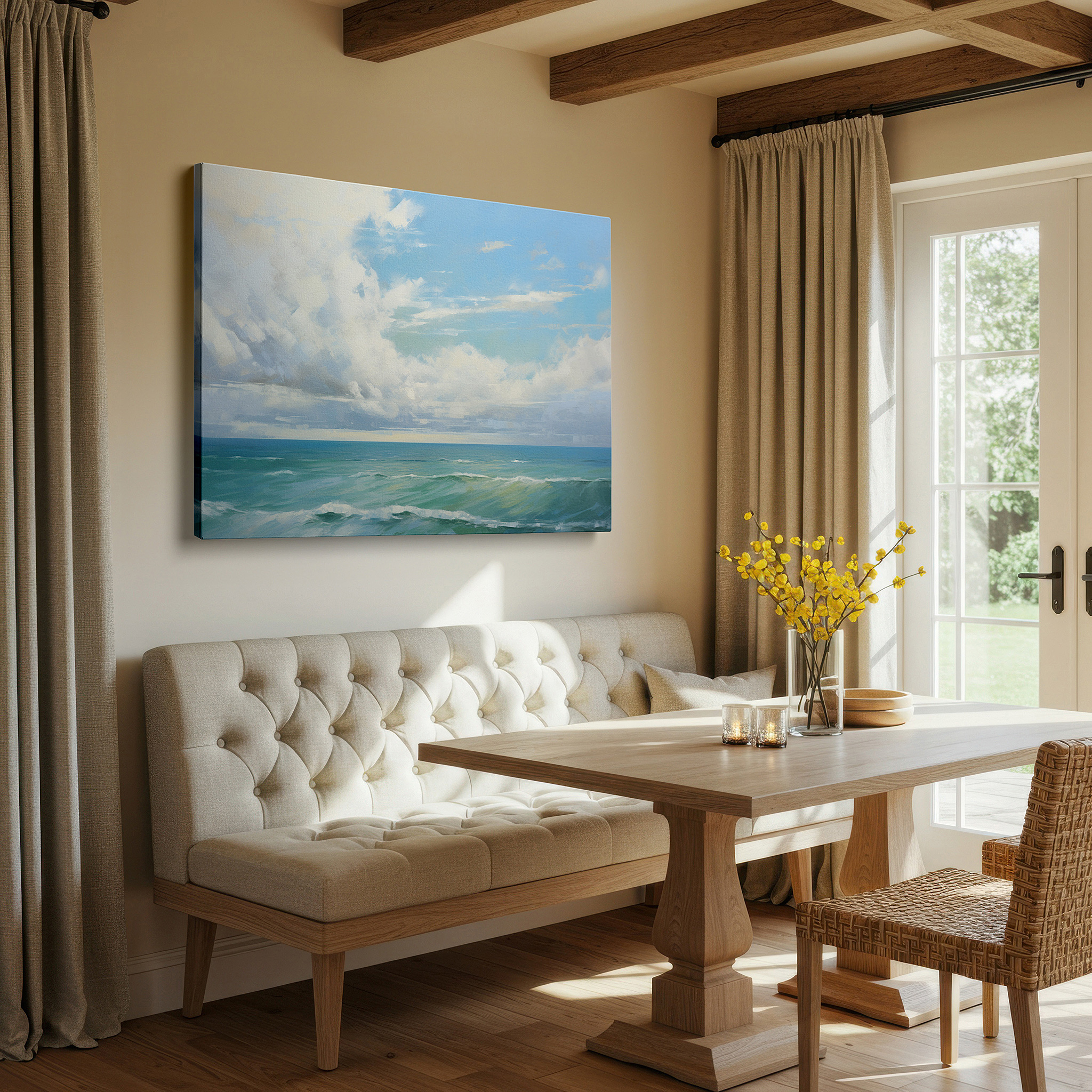 Mounted in a loft-style interior with exposed brick walls — gentle waves caressing the sandy shore beneath a radiant sky - large wall art, canvas wall art, wall decor for office, bedroom, and living room