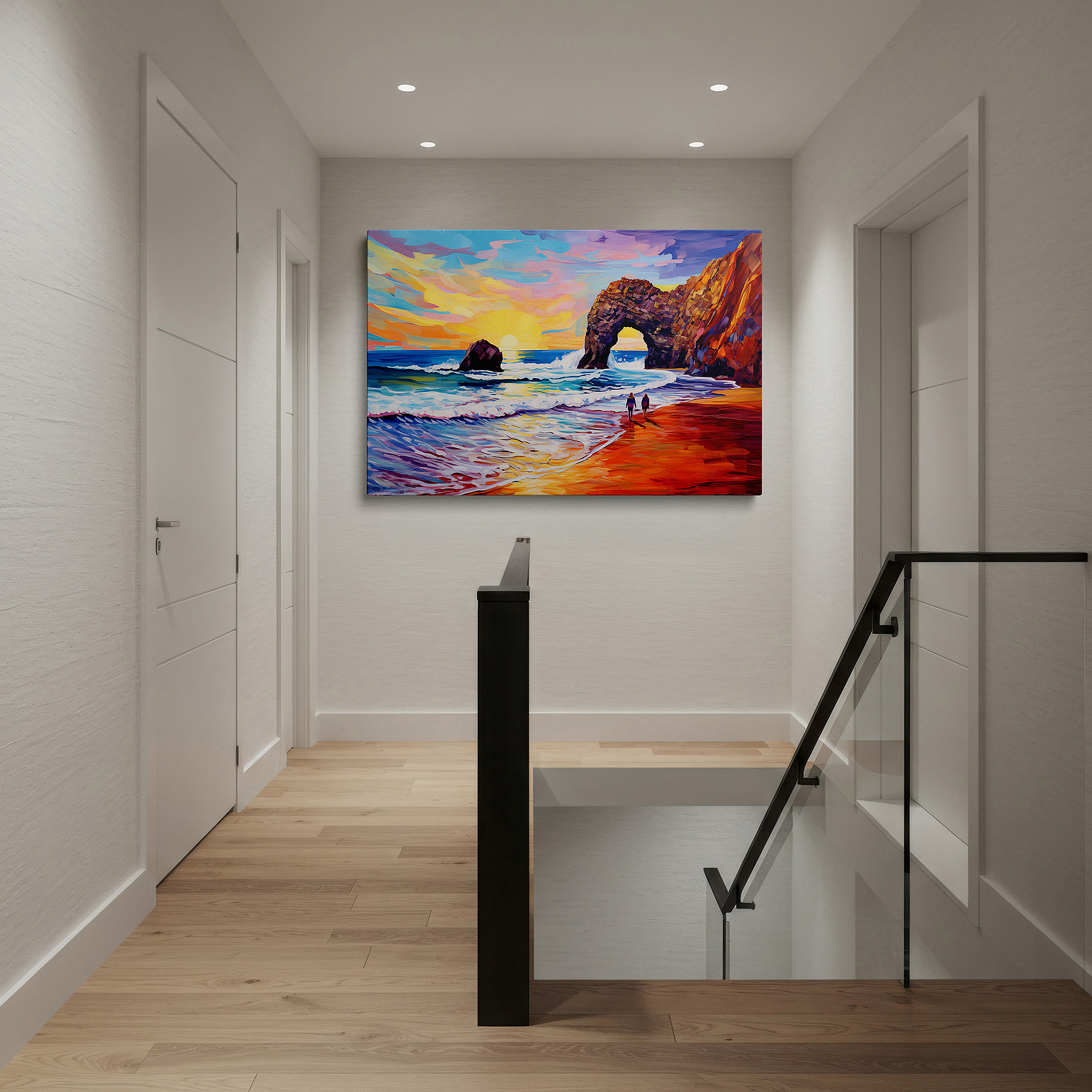 Mounted in a loft-style interior with exposed brick walls — golden beach sunset canvas featuring figures walking together - ideal for large wall decor in offices and bedrooms