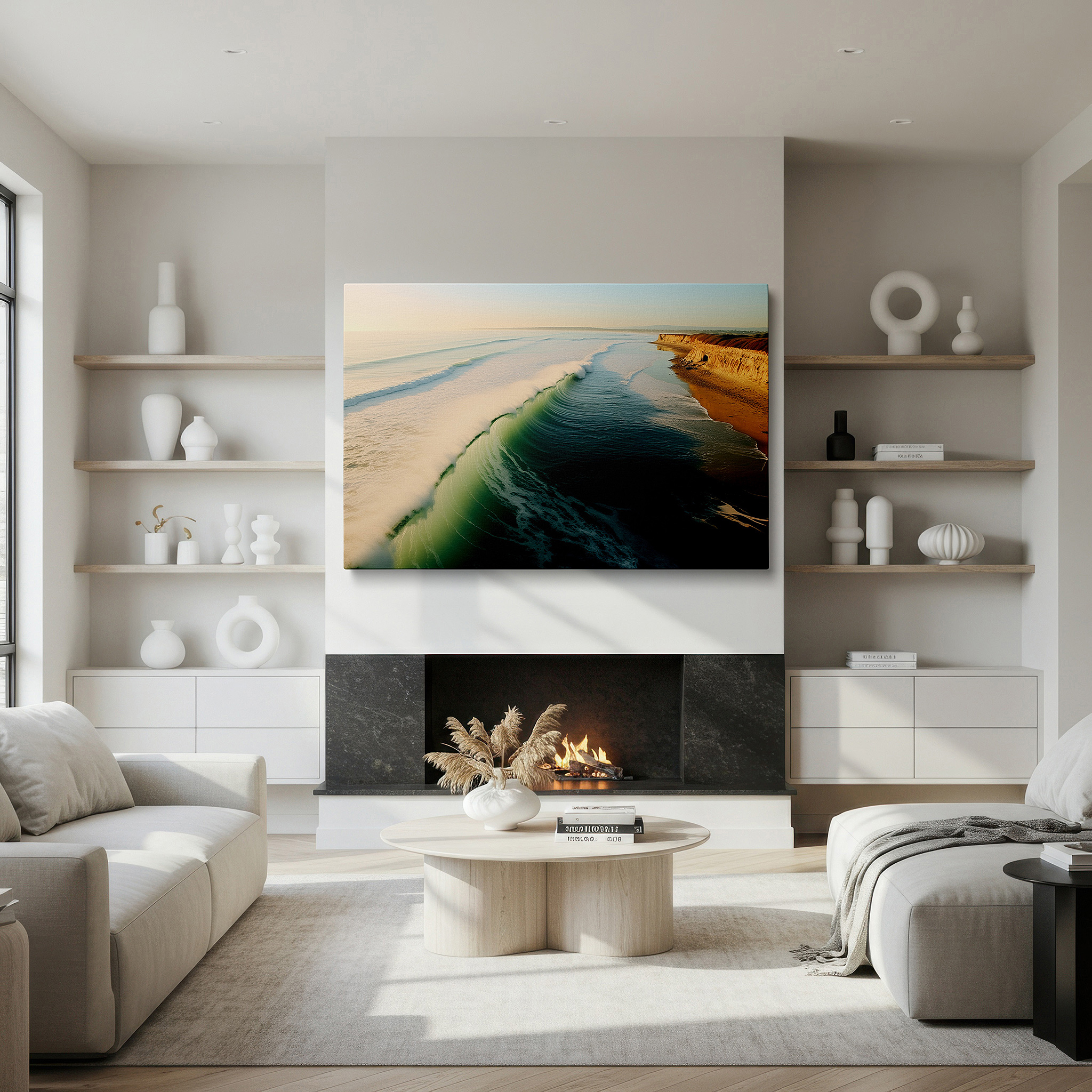 Mounted in a loft-style interior with exposed brick walls — golden hour serenity: tranquil aerial coastal landscape - large canvas wall art for office and bedroom decor