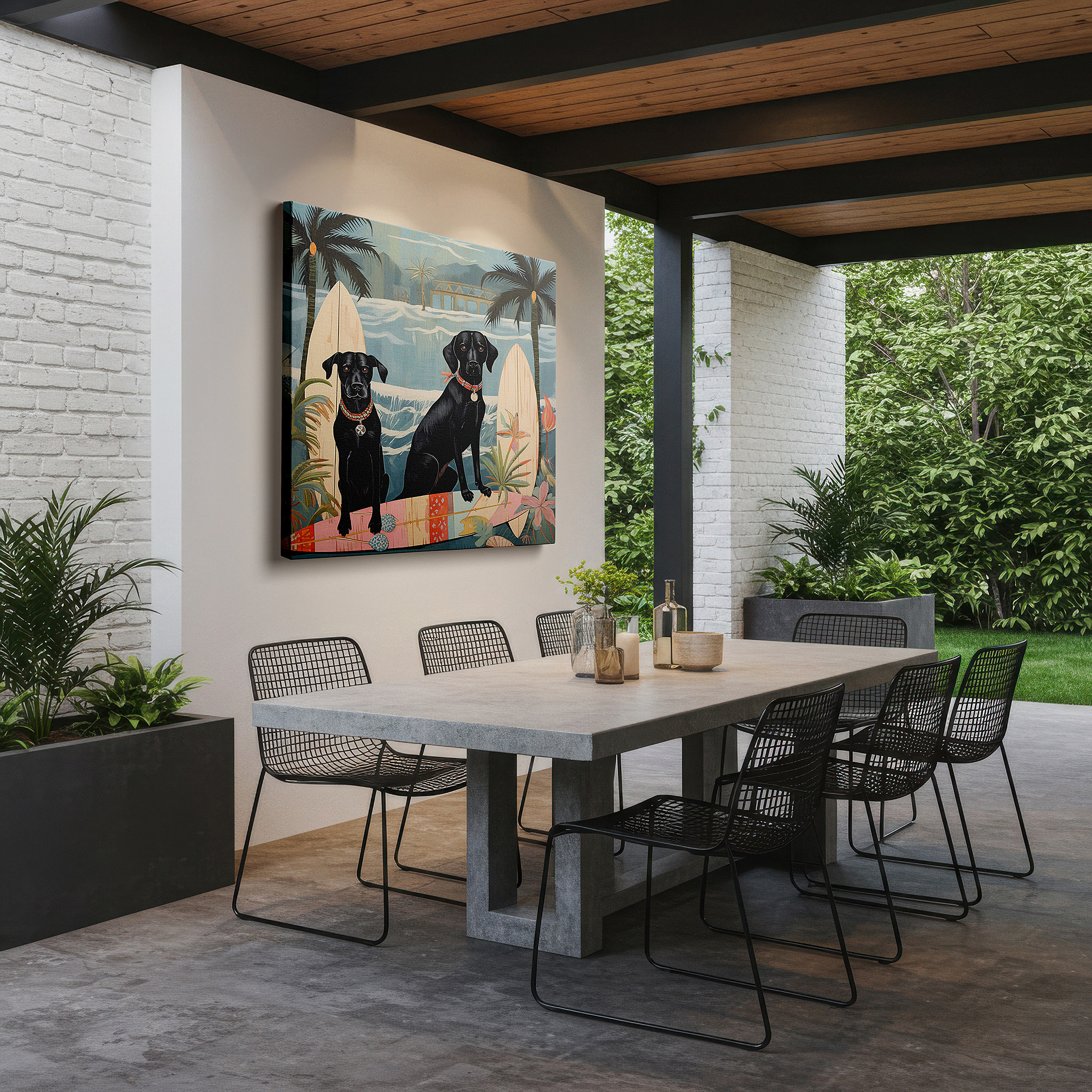 Mounted in a loft-style interior with exposed brick walls — golden retriever and bulldog surfing in tropical paradise large canvas wall art for office and bedroom decor