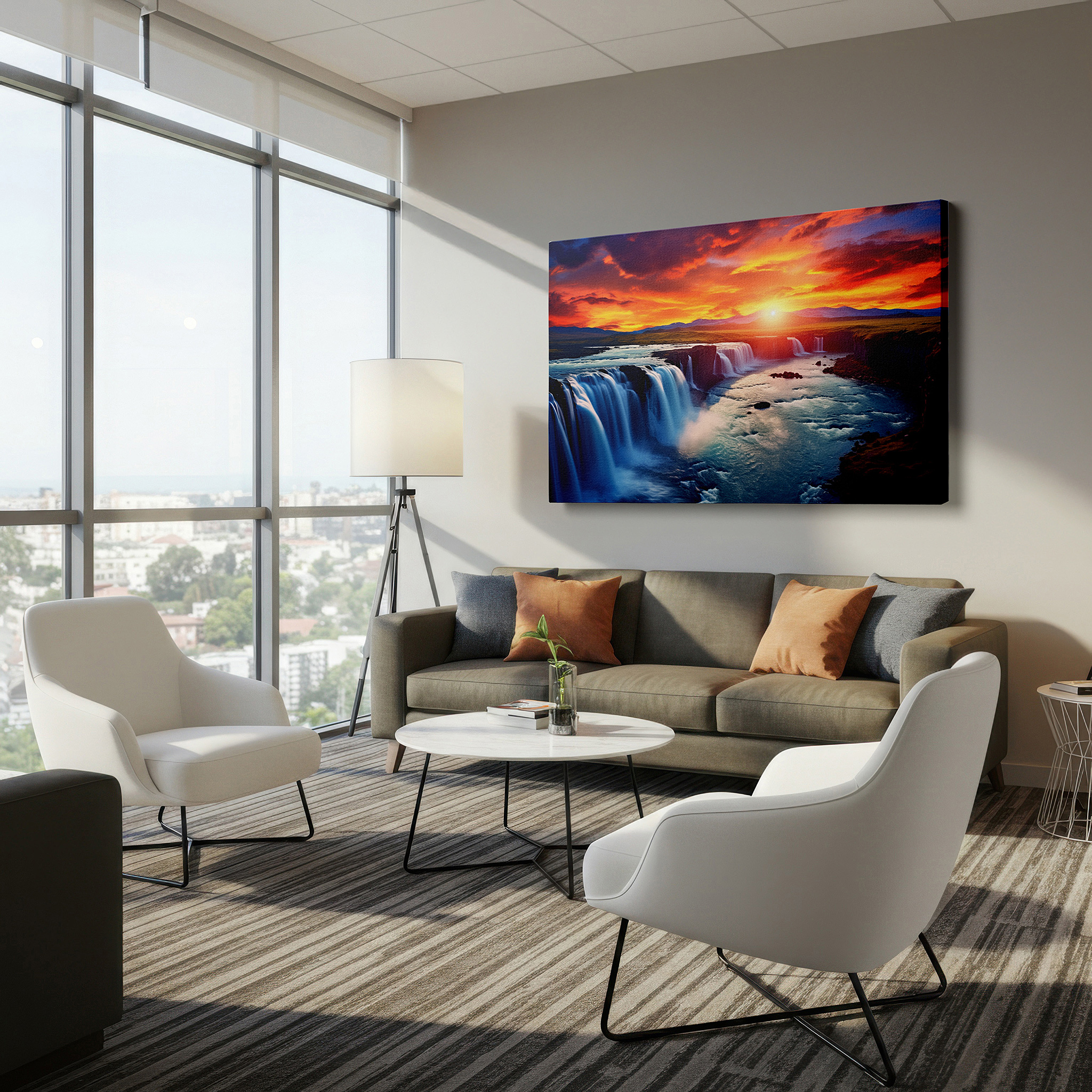 Mounted in a loft-style interior with exposed brick walls — golden sunset over majestic waterfalls and tranquil river surrounded by lush scenery large canvas wall art for office and bedroom decor