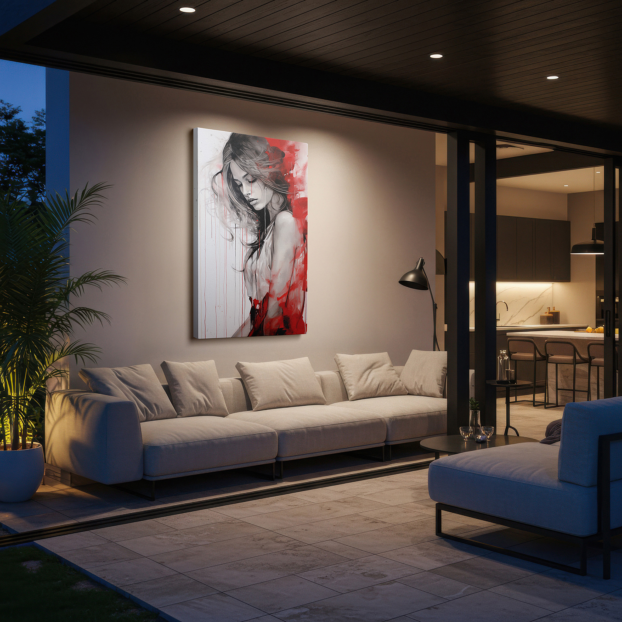Mounted in a loft-style interior with exposed brick walls — introspective woman against a chaotic red backdrop: exploring emotional complexity and artistic depth - large canvas wall art