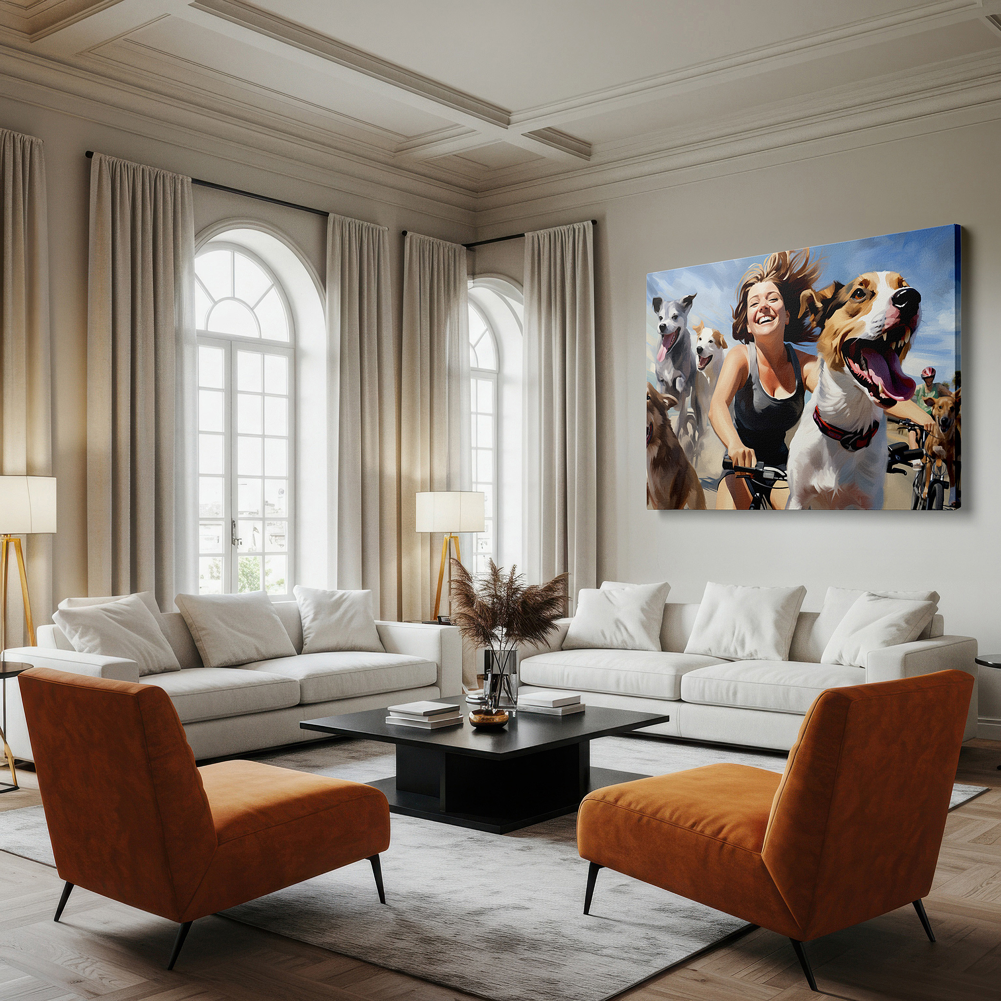 Mounted in a loft-style interior with exposed brick walls — joyful journey on a sunny trail with energetic dogs and a beaming woman large wall art, canvas wall art, wall decor for office and bedroom