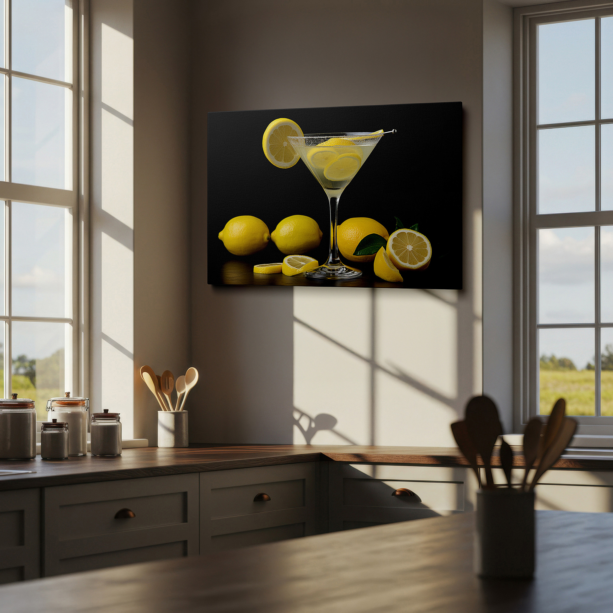 Mounted in a loft-style interior with exposed brick walls — lemon martini wall art: vibrant masterpiece with a dark, mysterious backdrop - large canvas art for office and bedroom decor