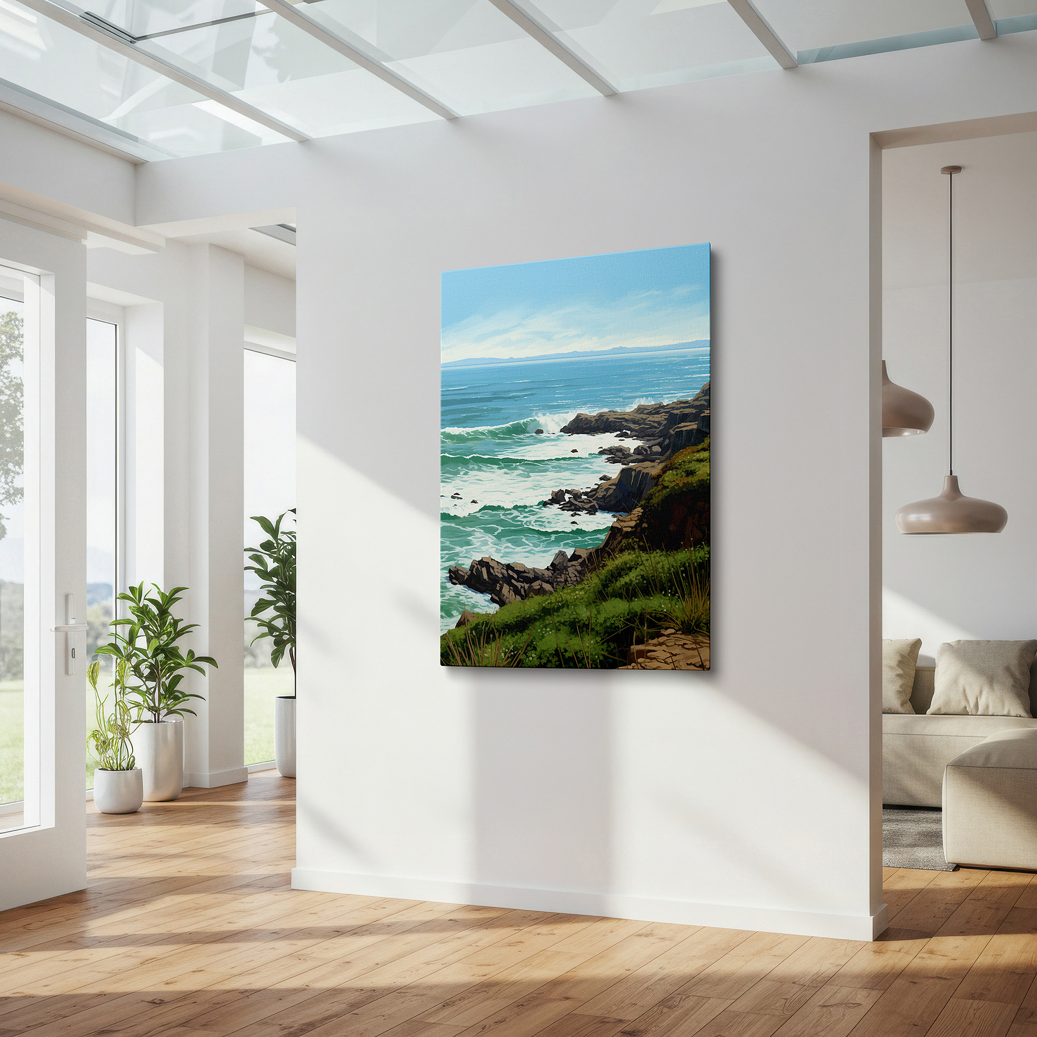 Mounted in a loft-style interior with exposed brick walls — lush greenery and ocean's embrace beneath a wide blue sky: large wall art, canvas wall art, wall decor for office and bedroom