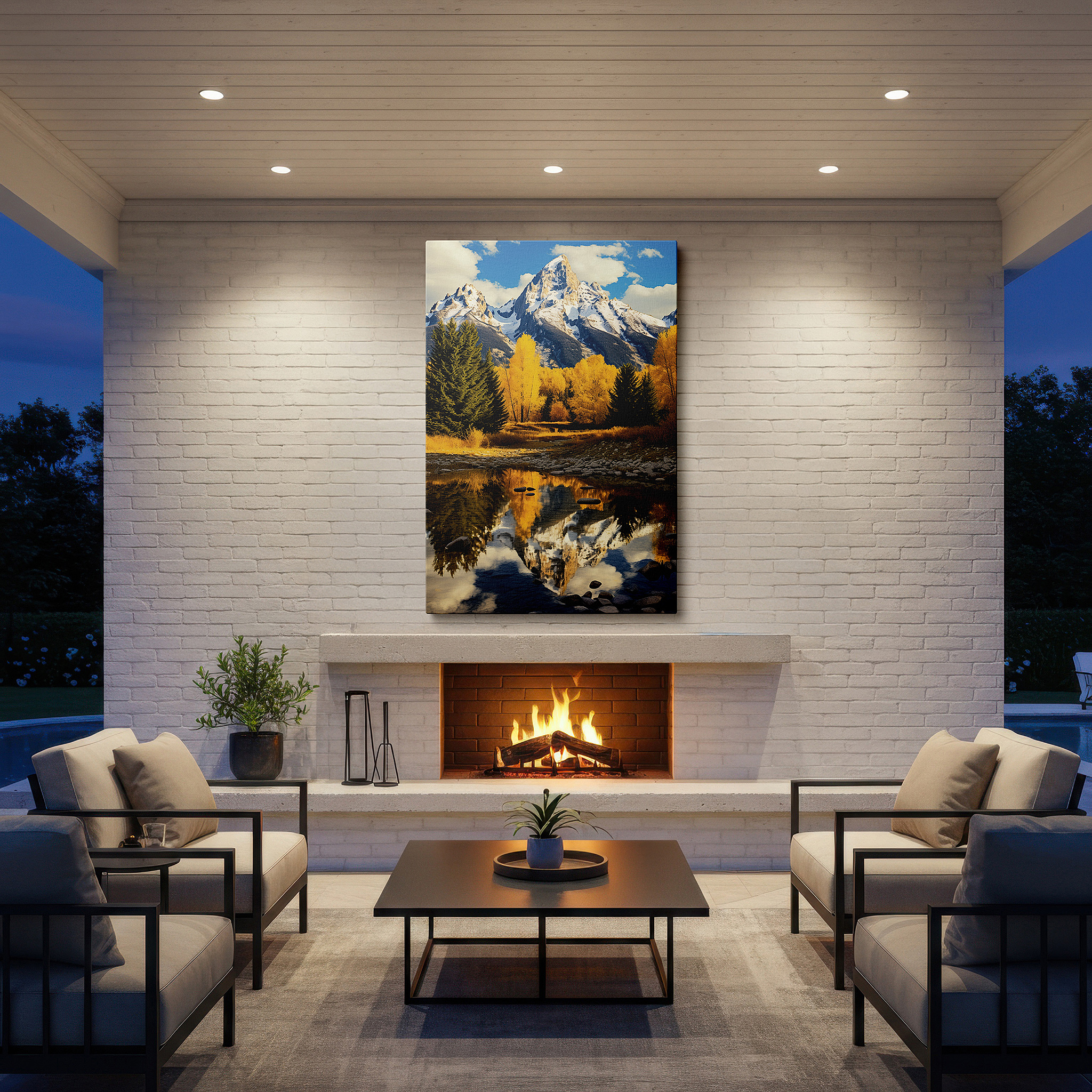 Mounted in a loft-style interior with exposed brick walls — majestic mountain peak and autumn trees reflection in a serene lake - large canvas wall art for office and bedroom decor