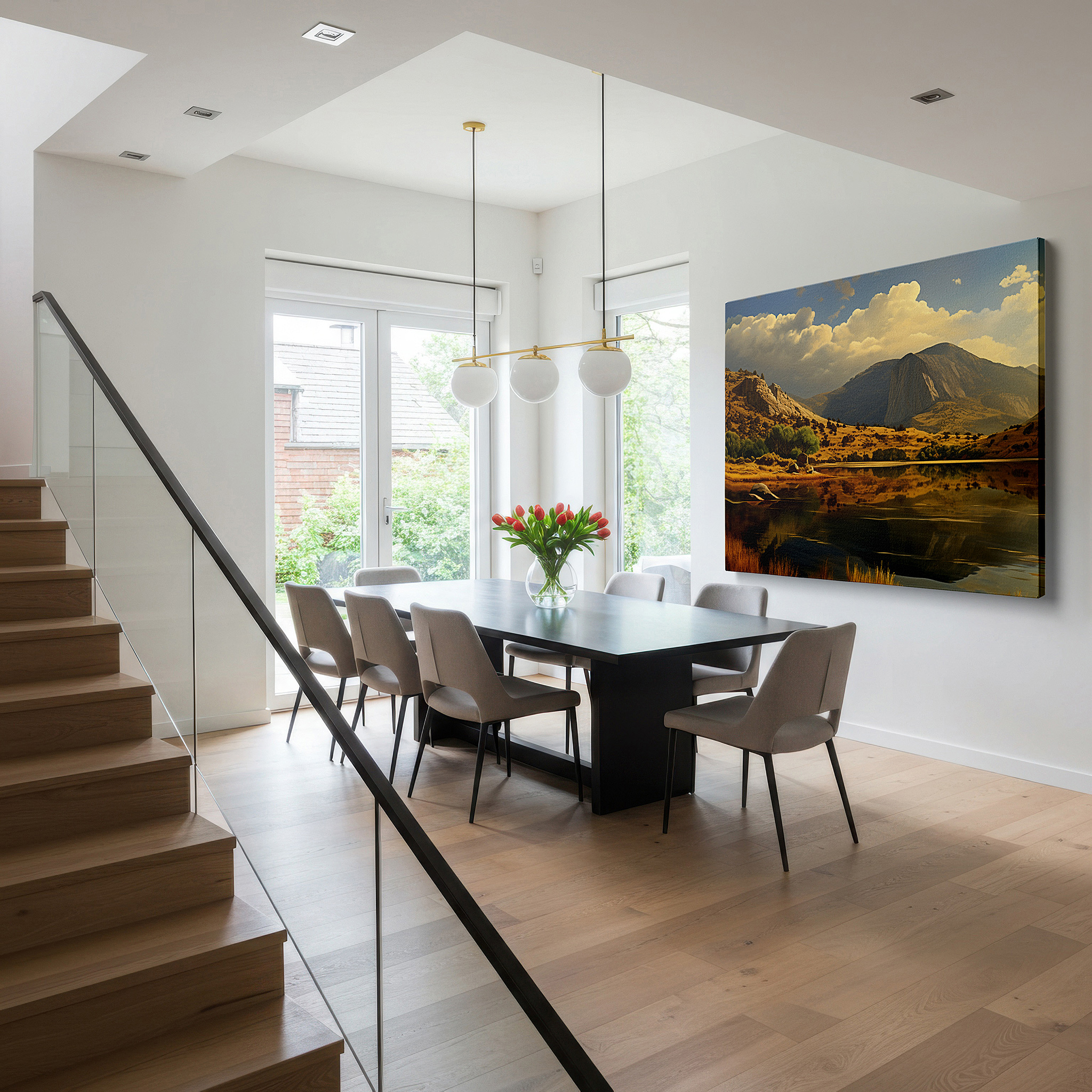 Mounted in a loft-style interior with exposed brick walls — majestic mountains and tranquil waters: dramatic sky large canvas wall art for office, bedroom, and living room decor