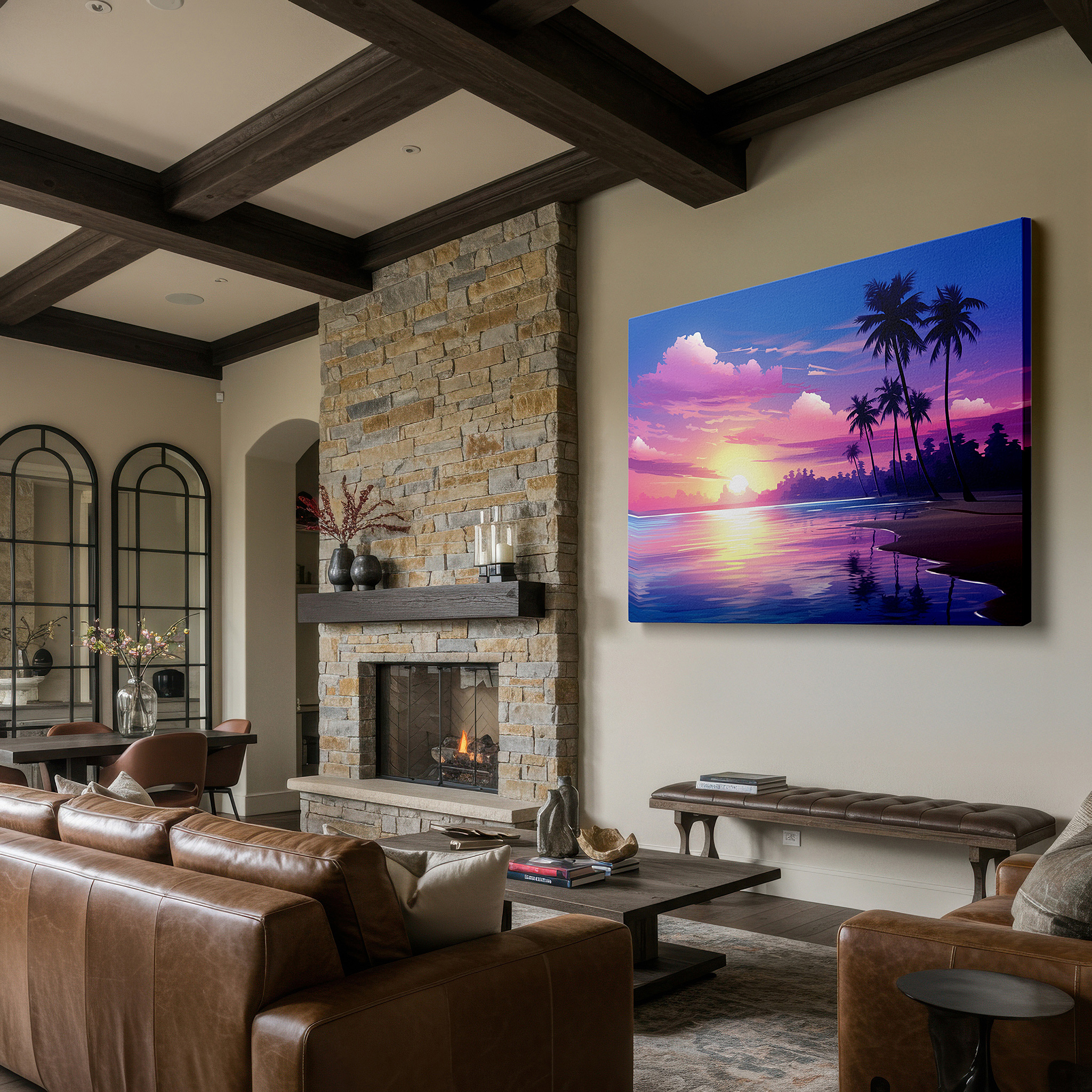 Mounted in a loft-style interior with exposed brick walls — majestic palm silhouettes against a vibrant sunset sky, serene beach paradise large wall art, canvas wall art, wall decor for office and bedroom
