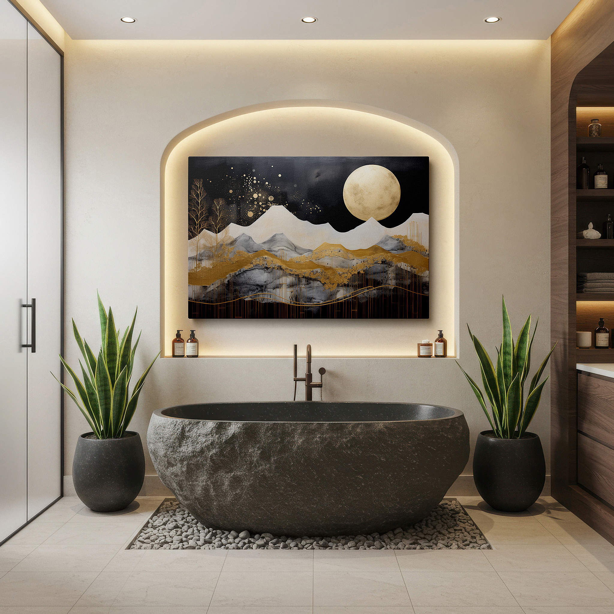 Mounted in a loft-style interior with exposed brick walls — majestic peaks and golden moonlight: a symphony of nature and cosmos - abstract large wall art, canvas wall art, wall decor for offices