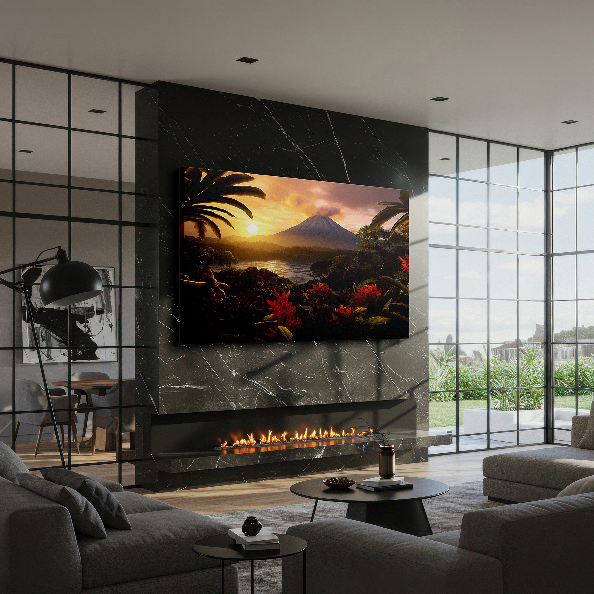 Mounted in a loft-style interior with exposed brick walls — majestic volcano amidst lush tropical landscape at dawn or dusk - large canvas wall art for office, bedroom, and living room decor