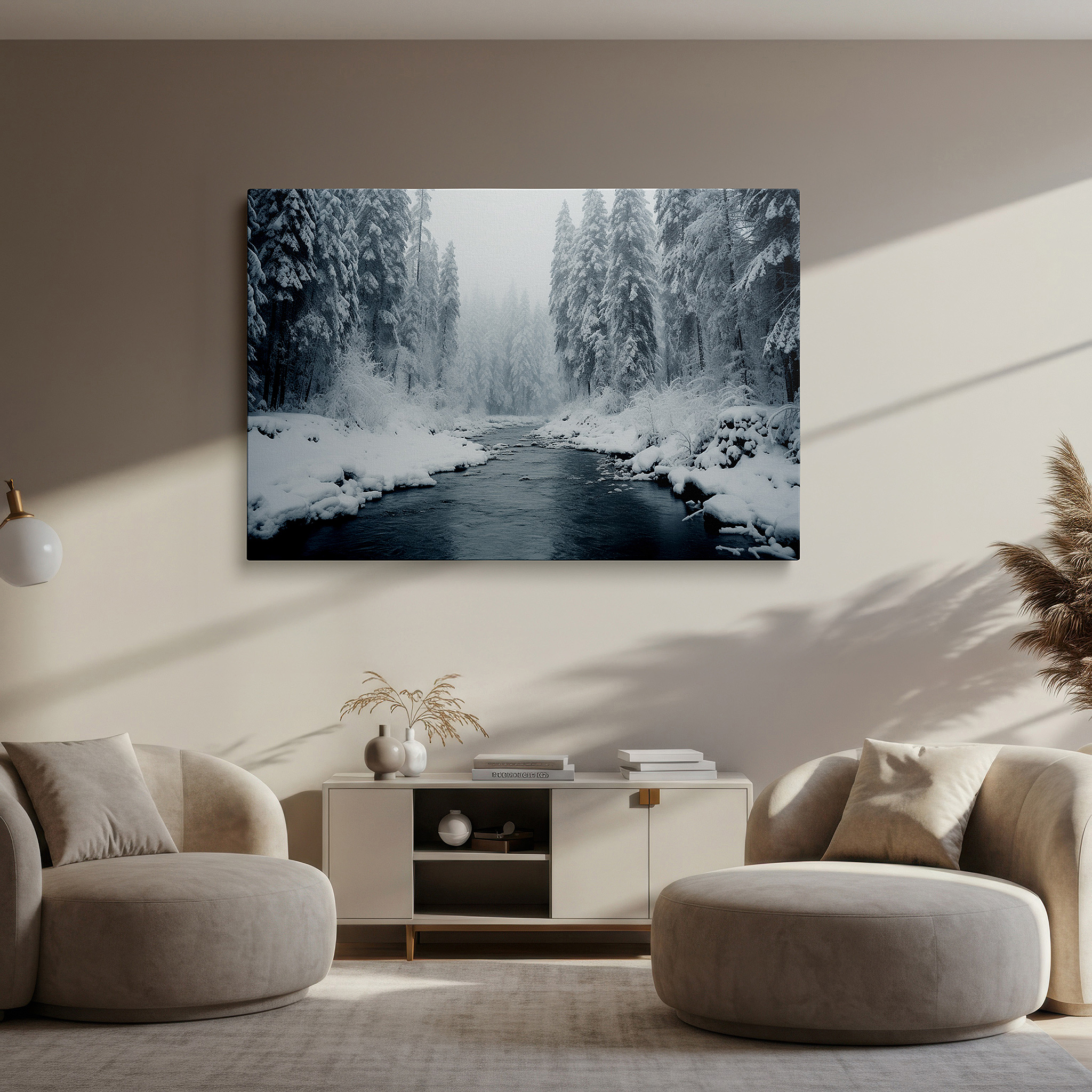 Mounted in a loft-style interior with exposed brick walls — misty winter scene with foggy river and snow-covered pines large wall art, canvas wall art, wall decor for office and bedroom
