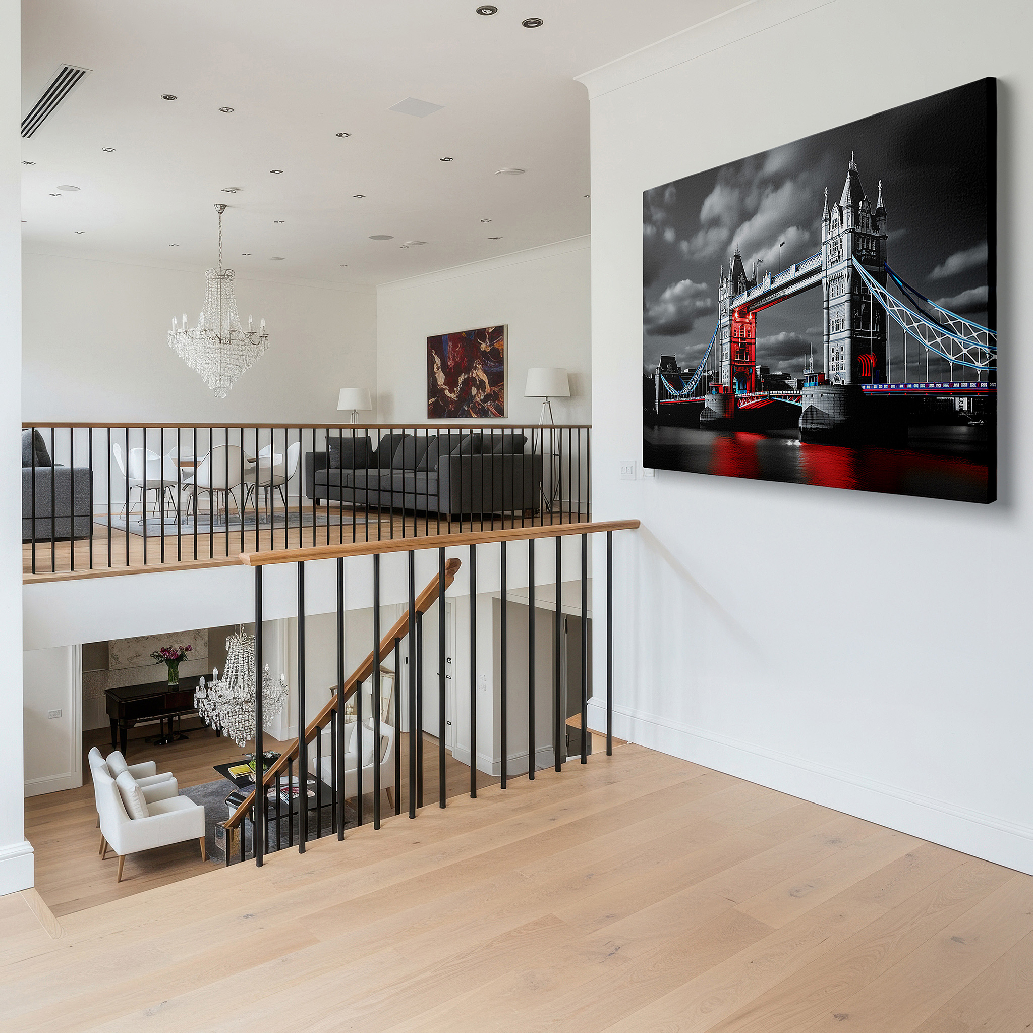 Mounted in a loft-style interior with exposed brick walls — monochrome tower bridge with red accents - blending historical charm and contemporary style, large canvas wall art for office decor