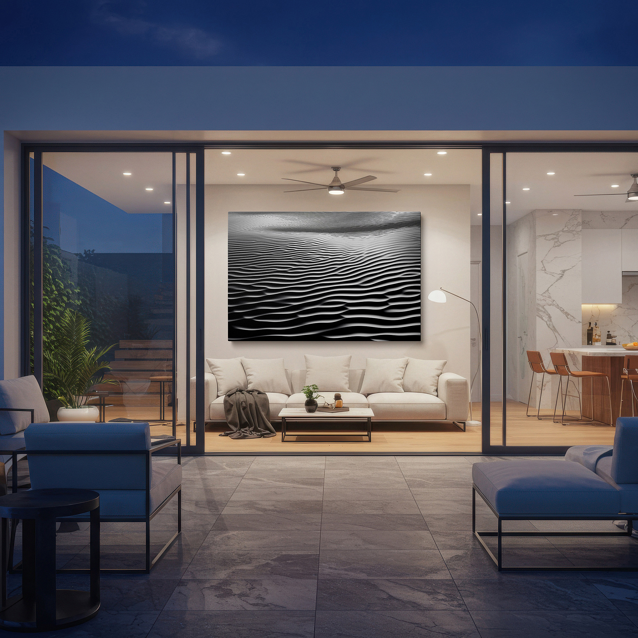 Mounted in a loft-style interior with exposed brick walls — monochrome waves in motion: tranquil black and white large wall art, canvas decor for office and bedroom