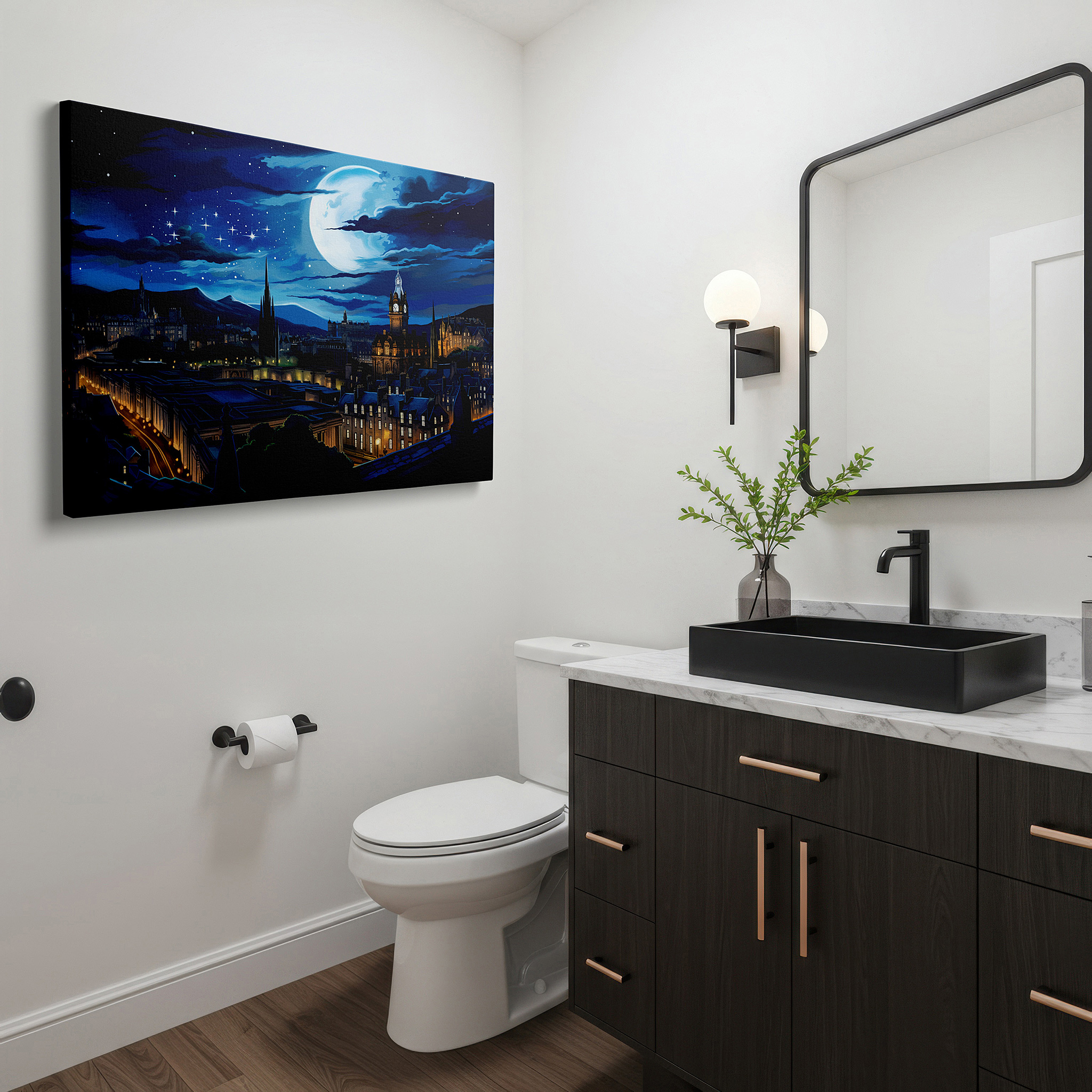 Mounted in a loft-style interior with exposed brick walls — moonlit majesty above edinburgh's historic skyline: a nighttime tapestry of gothic spires and neoclassical grandeur - large canvas wall art