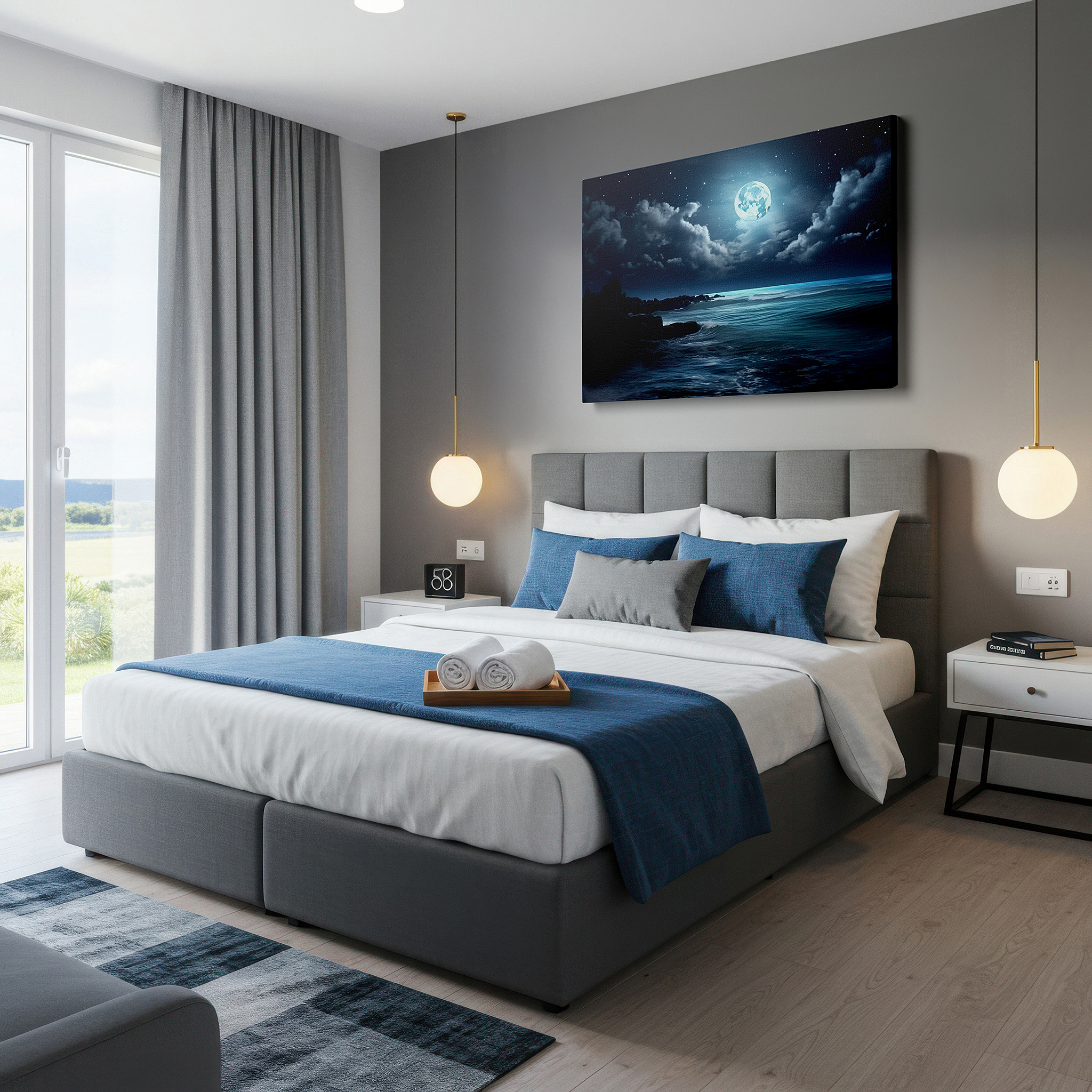 Mounted in a loft-style interior with exposed brick walls — moonlit ocean majesty: tranquil waves and rocky shores beneath a starry sky - large wall art, canvas wall art, wall decor for office and bedroom