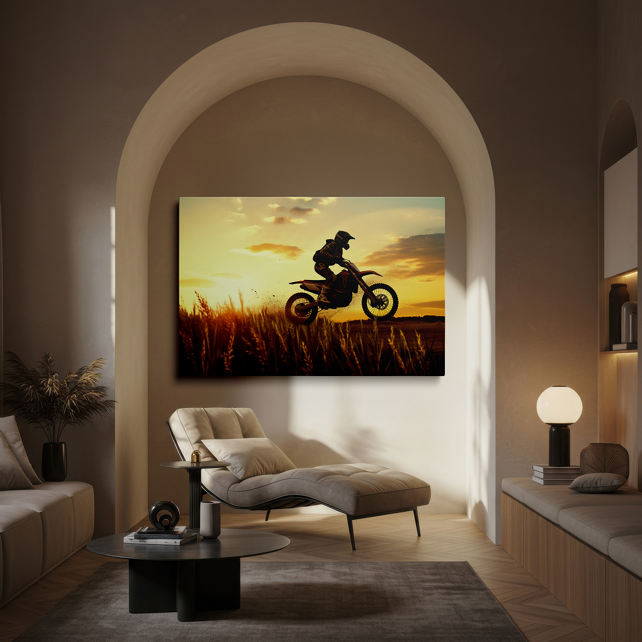 Mounted in a loft-style interior with exposed brick walls — motocross magic at sunset over golden wheat field: large canvas wall art for office, bedroom, and living room decor
