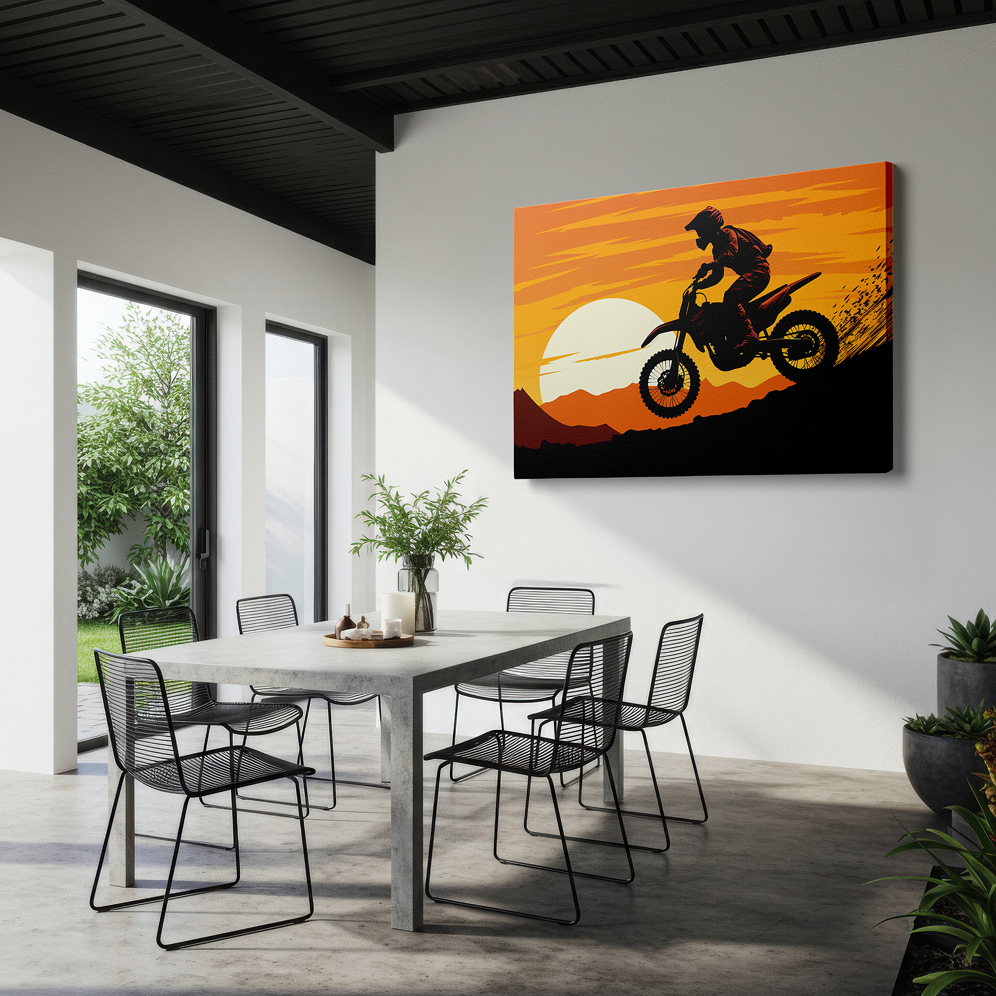 Mounted in a loft-style interior with exposed brick walls — motorcycle rider climbing towards a bright sunset, representing liberty and exploration, large canvas wall art for home and office decor