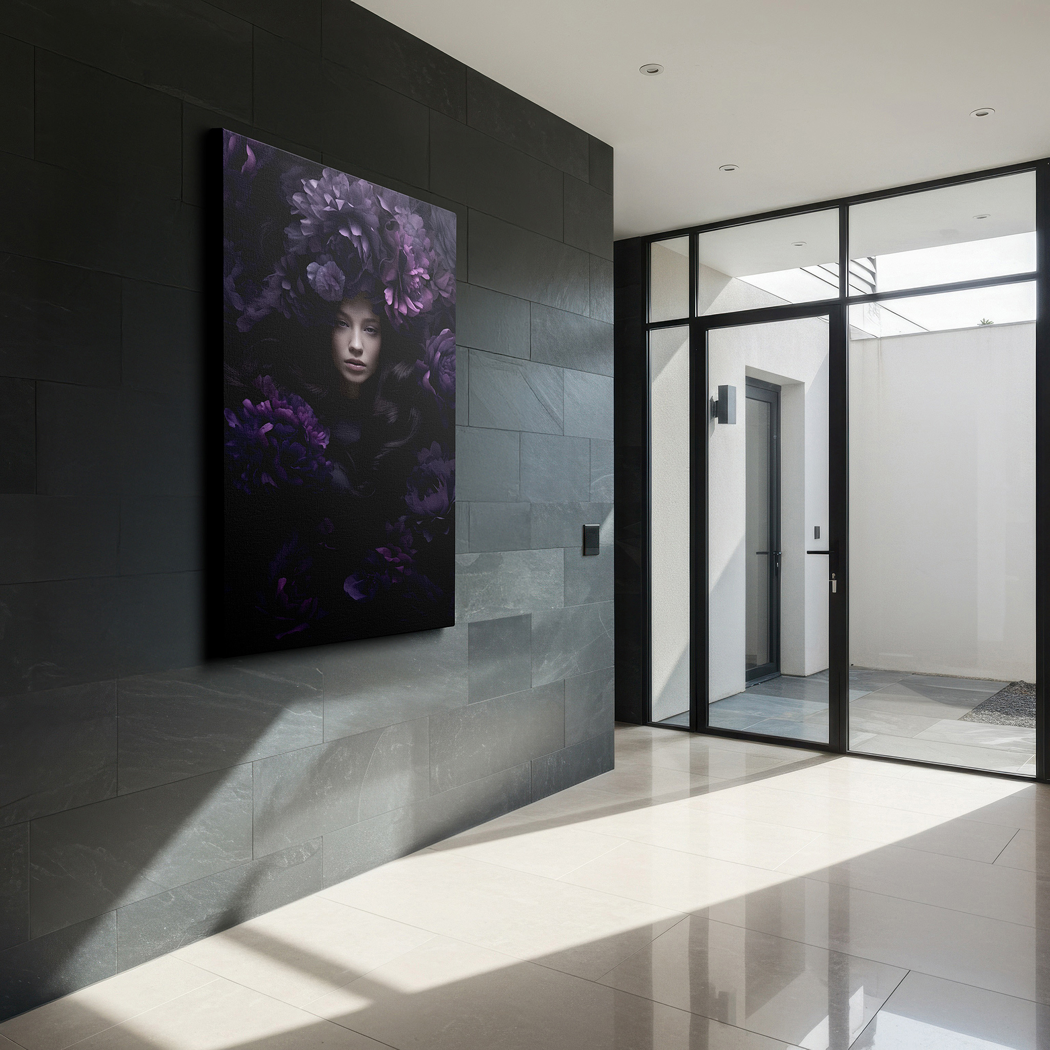 Mounted in a loft-style interior with exposed brick walls — mystical beauty surrounded by nature, tranquil fusion of femininity and floral splendor large wall art, canvas wall art, wall decor, office wall art
