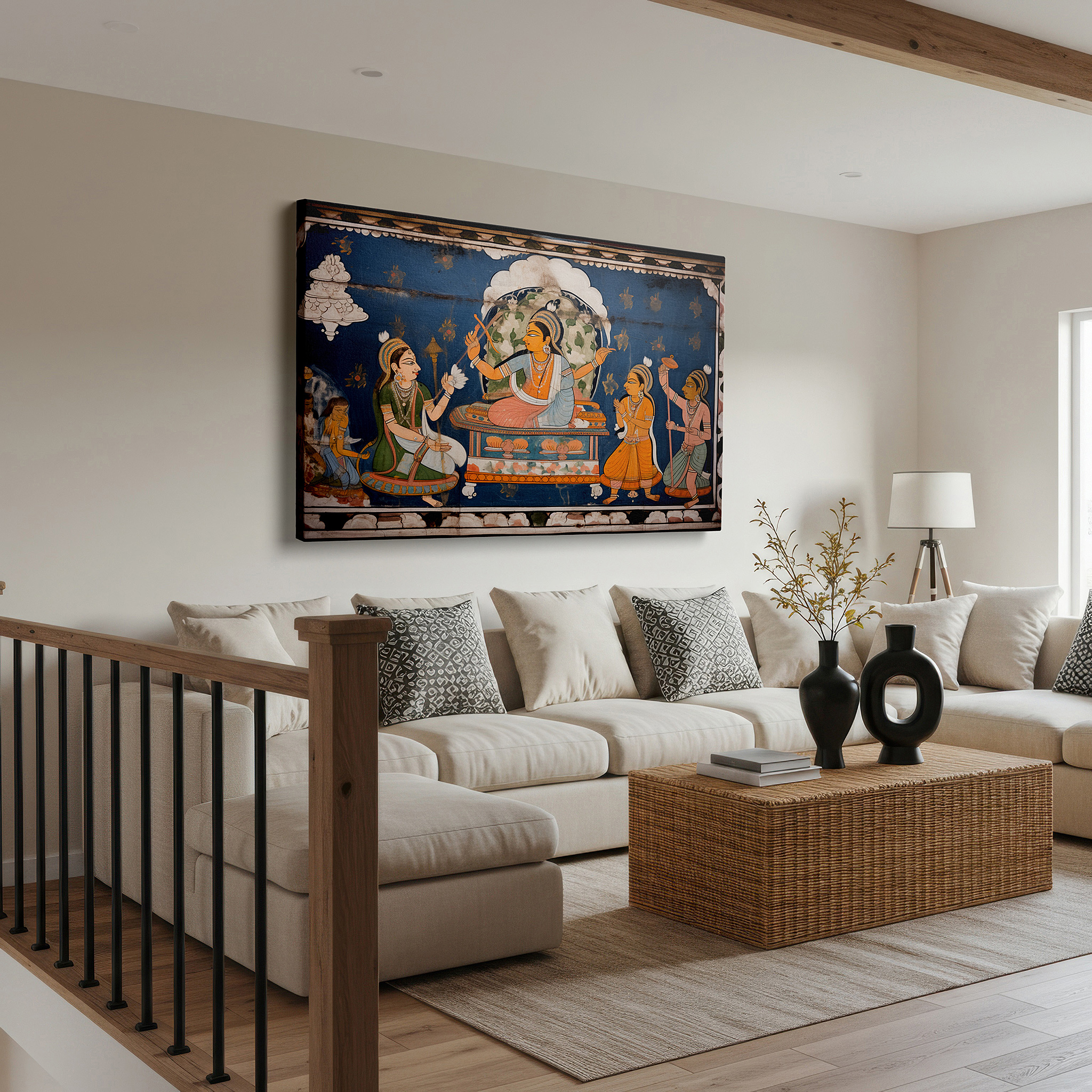 Mounted in a loft-style interior with exposed brick walls — mythological indian tapestry depicting the divine dance of creation and destruction, large canvas wall art for office and bedroom decor