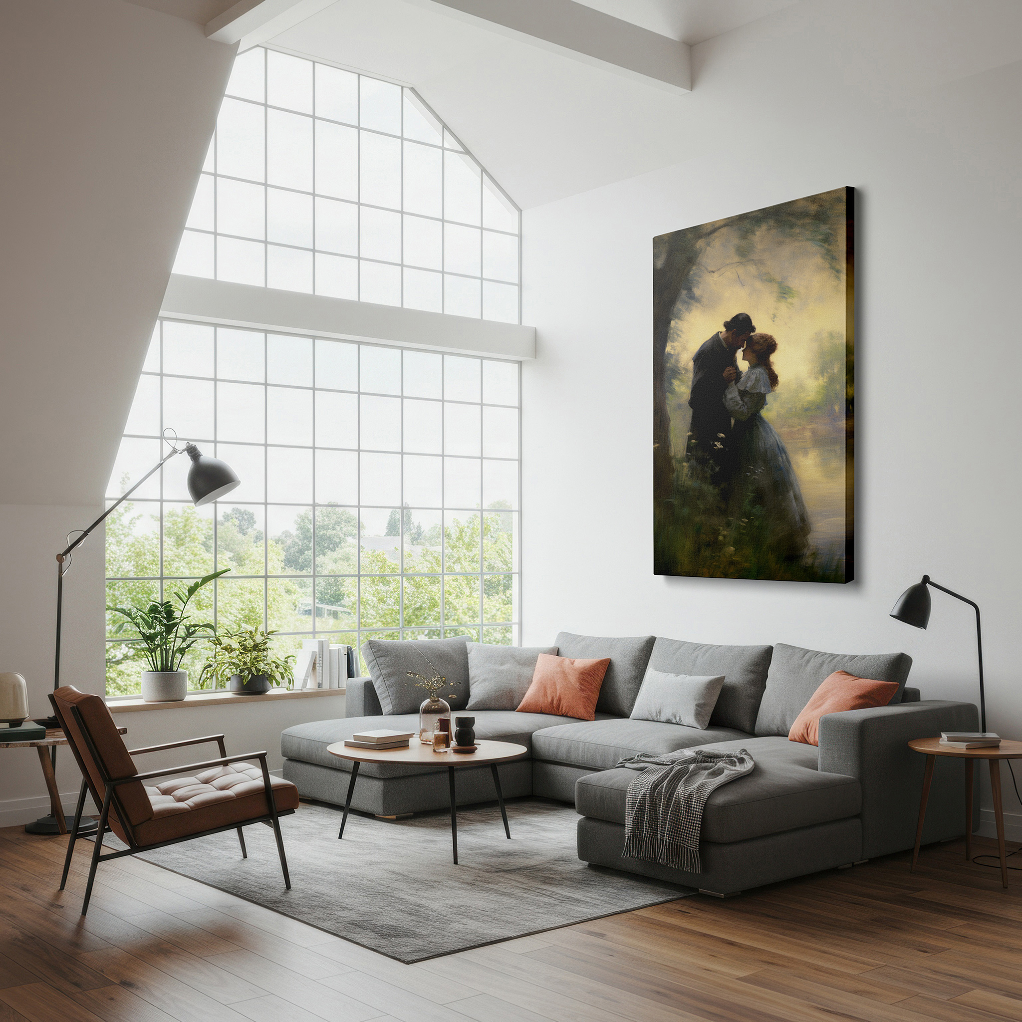 Mounted in a loft-style interior with exposed brick walls — nature's serene embrace: love-themed large wall art for bedrooms, living rooms, and offices