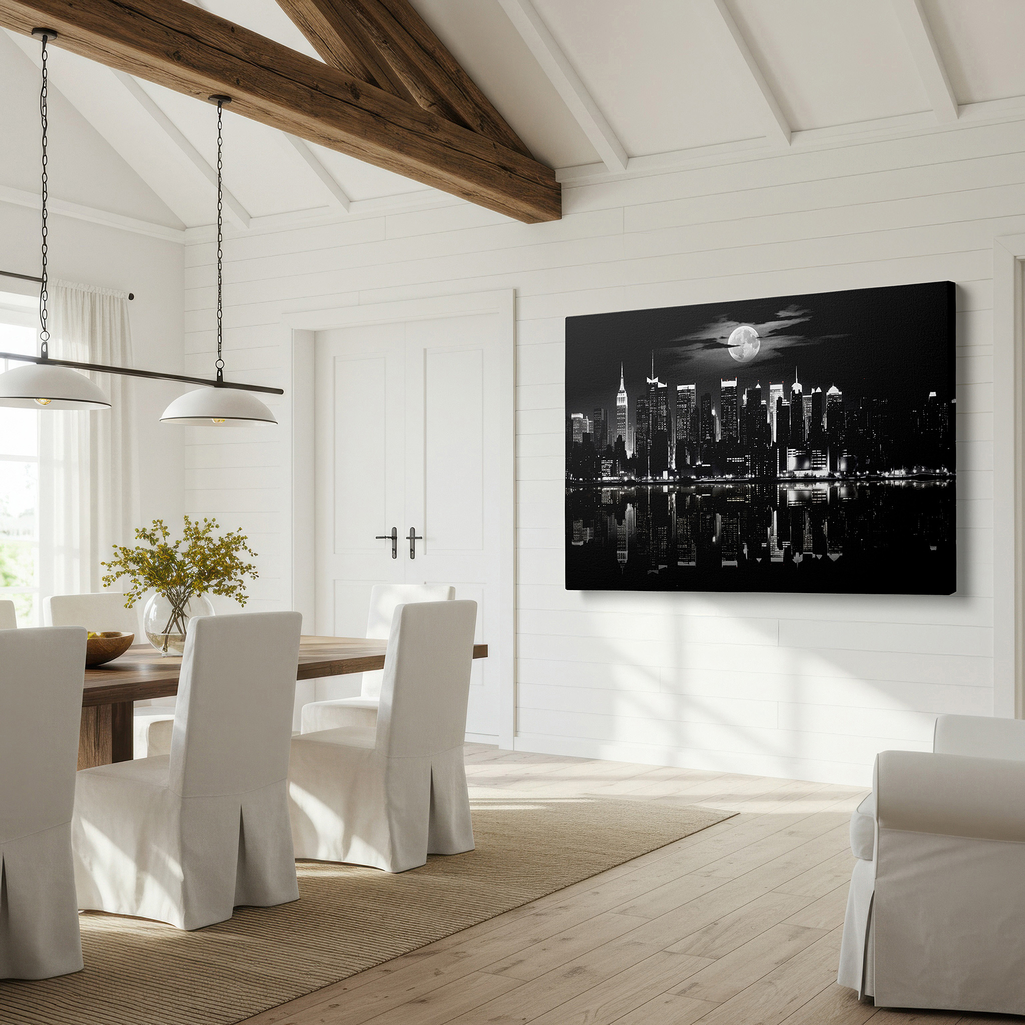 Mounted in a loft-style interior with exposed brick walls — new york city skyline with a radiant moon in black and white - large canvas wall art for office and bedroom decor