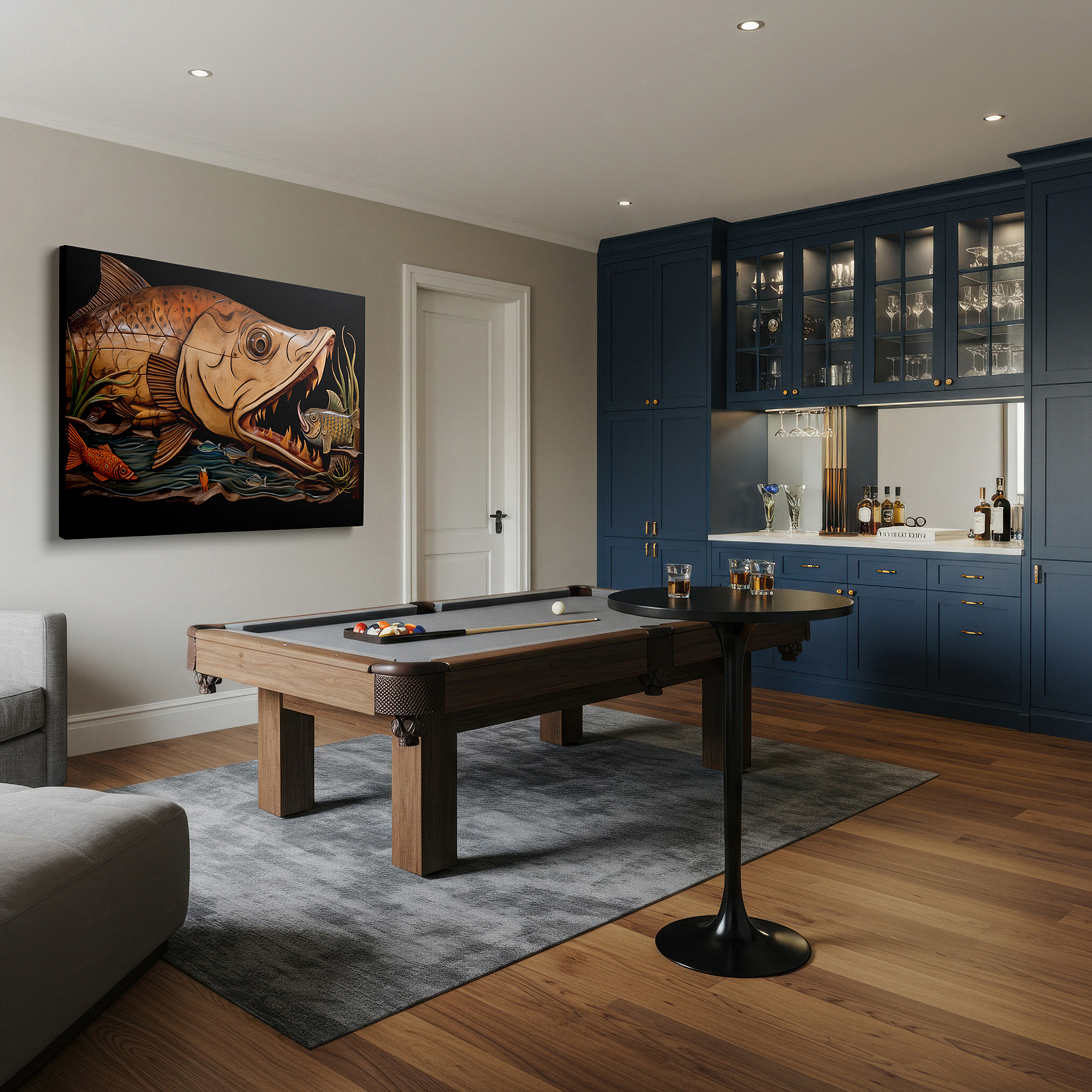 Mounted in a loft-style interior with exposed brick walls — ocean majesty: encounter marine life and predatory fish in a dynamic seascape - large canvas wall art decor