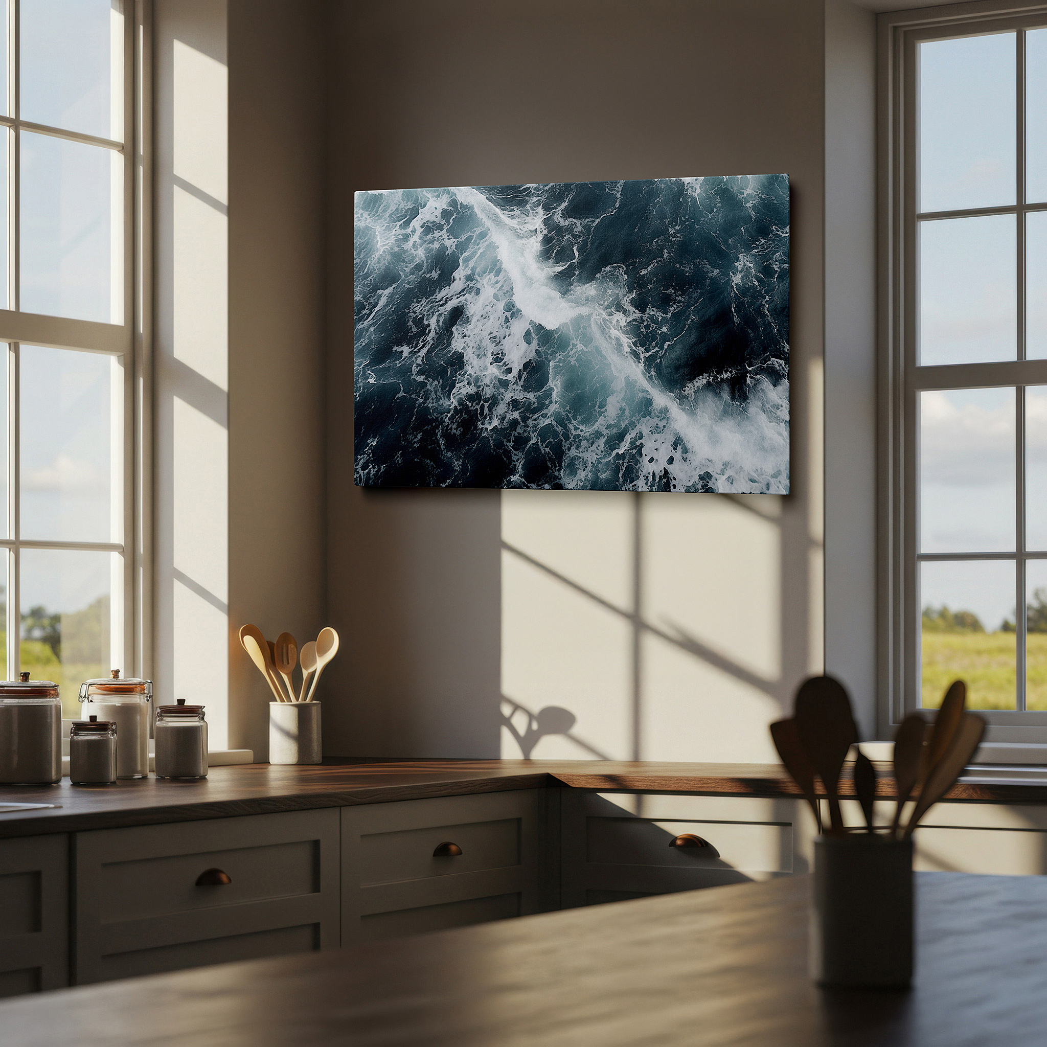 Mounted in a loft-style interior with exposed brick walls — ocean symphony in blues and whites: capturing the rhythmic dance of waves - large canvas wall art for office and bedroom decor