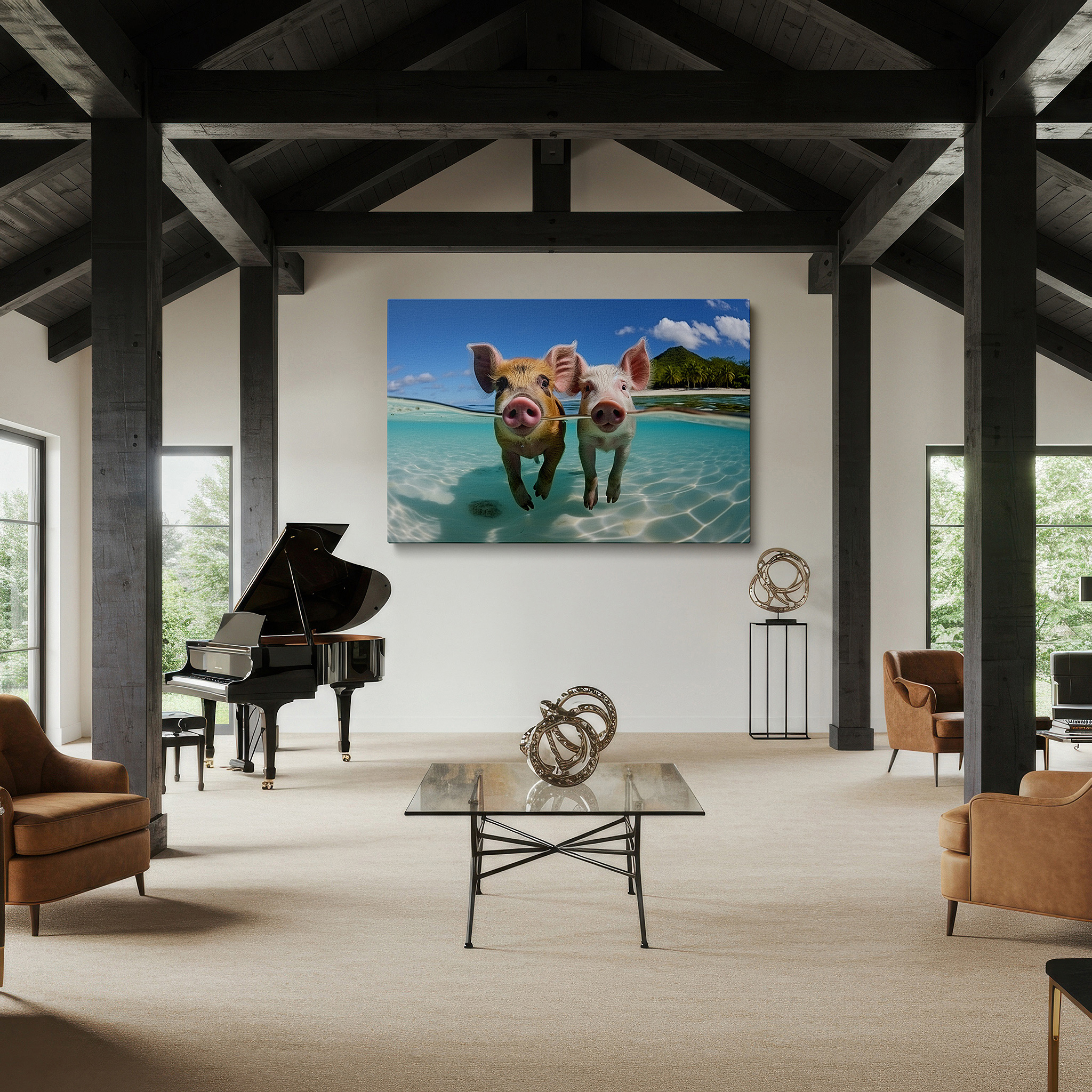 Mounted in a loft-style interior with exposed brick walls — playful piglets frolic in tropical waters: a vivid display of joy and whimsy - large wall art, canvas wall art, wall decor for office and bedroom