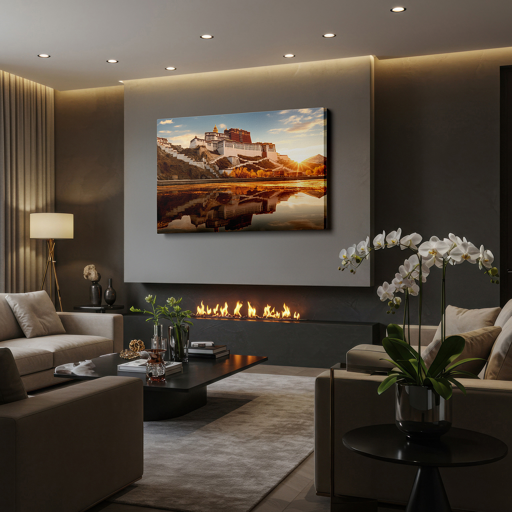 Mounted in a loft-style interior with exposed brick walls — potala palace sunrise - spiritual awakening in tibet's sacred landscape: large wall art, canvas, decor for office and bedroom