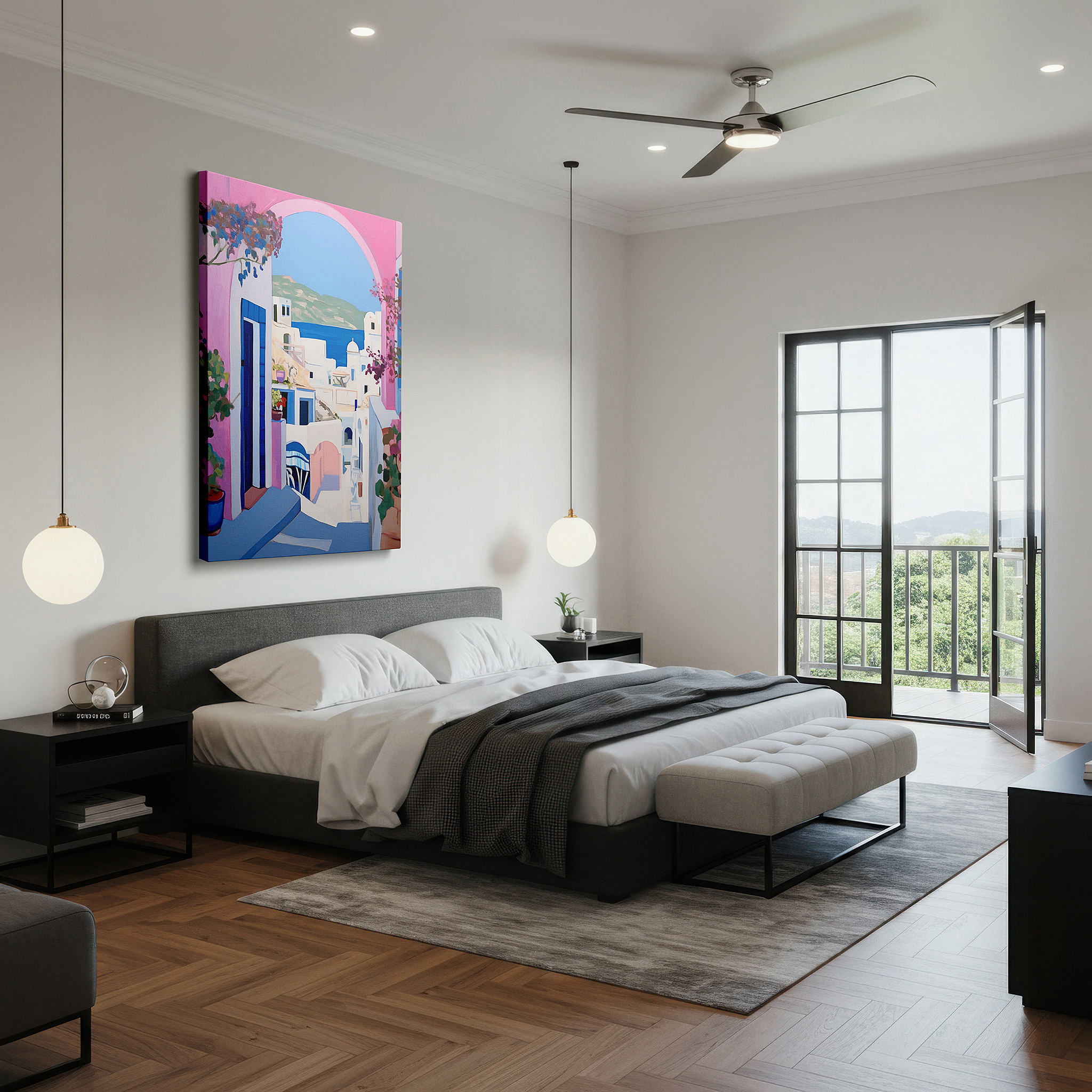 Mounted in a loft-style interior with exposed brick walls — santorini idyll - white-washed beauty and blue-domed grandeur with colorful bougainvillea large wall art, canvas wall art, wall decor, office wall art