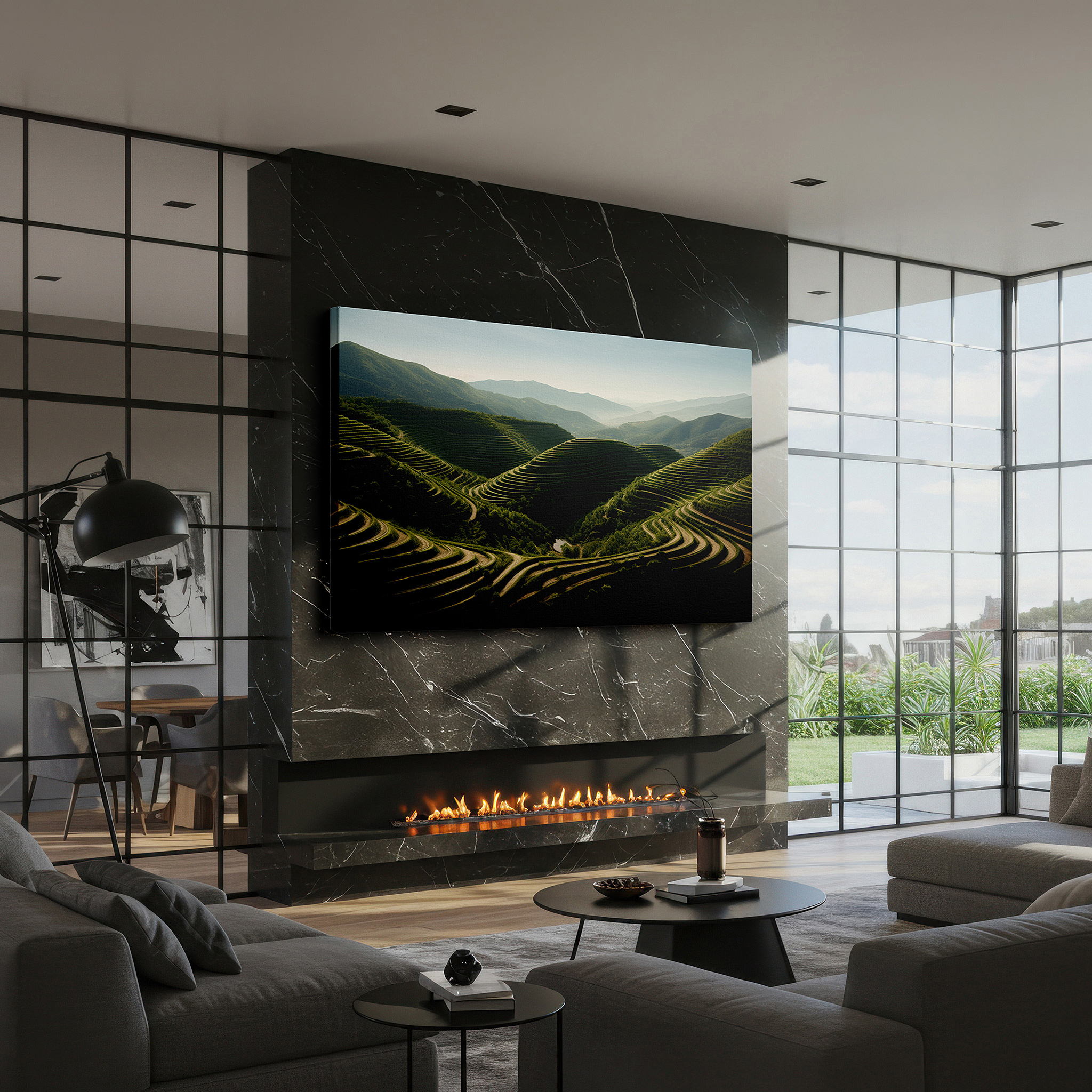 Mounted in a loft-style interior with exposed brick walls — seamless fusion of human creativity and nature's beauty in rice terrace mastery: large wall art, canvas wall art, wall decor for office and bedroom