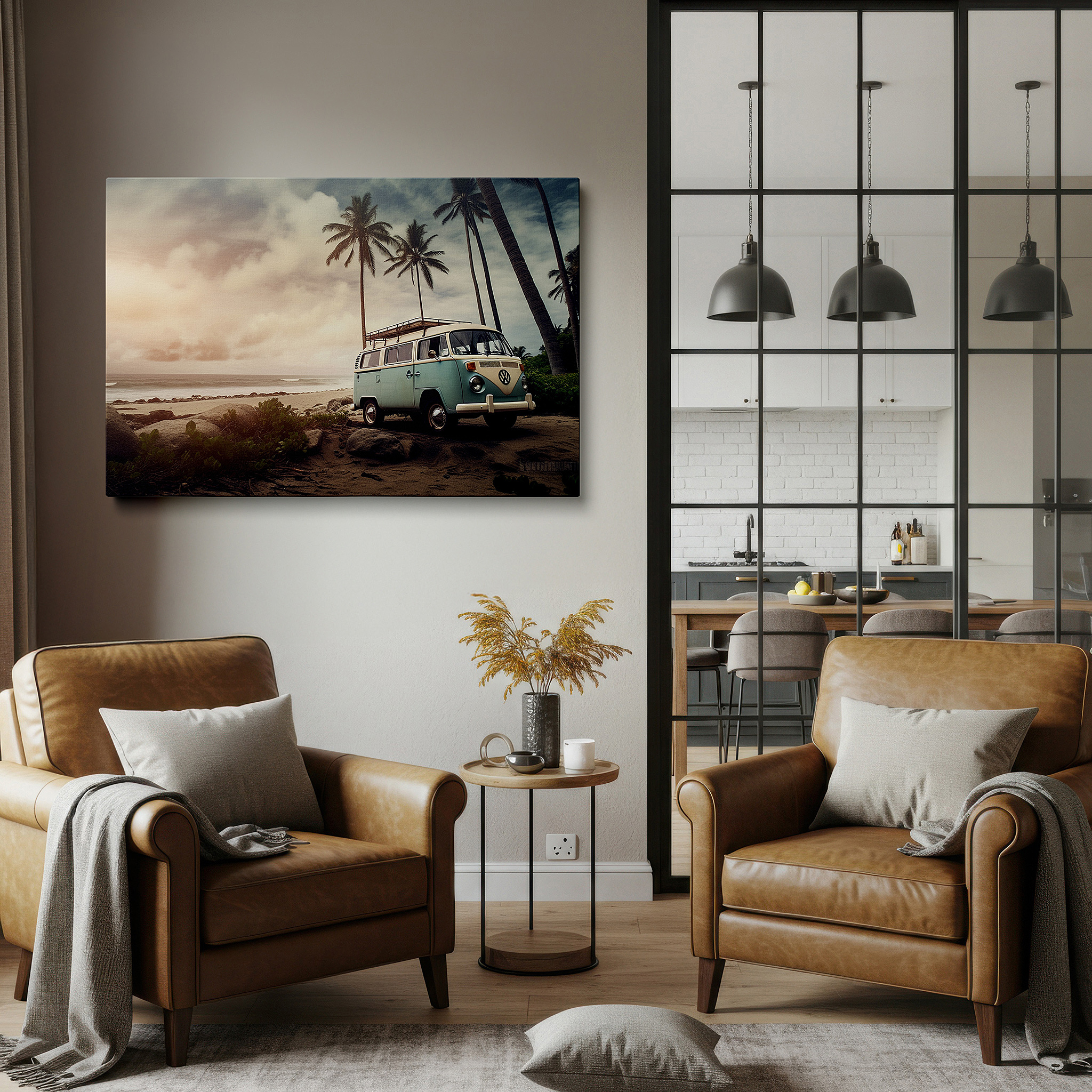 Mounted in a loft-style interior with exposed brick walls — serene beach retreat featuring classic vw van among palm trees and ocean waves - large wall art, canvas wall art, wall decor for office and bedroom